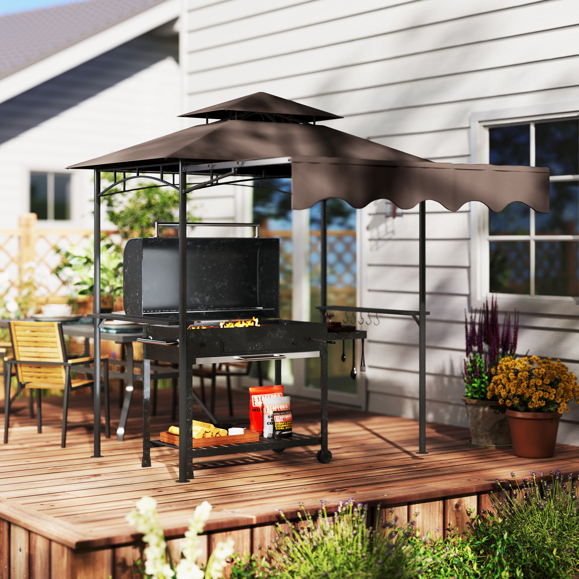 Outsunny Grillpaviljoen 242x149x248 cm Waterafstotend Vlamvertragend Tuinpaviljoen met Dubbellagig Dak Koffie