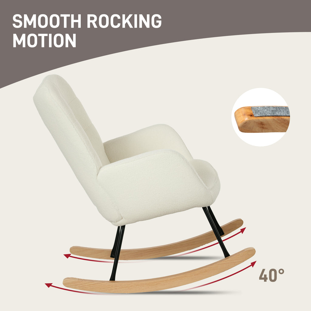 HOMCOM Schommelstoel in Berbervlies Look met Armleuningen, Ergonomische Stoel met Houten Glijders, voor Woonkamer, Slaapkamer, Wit