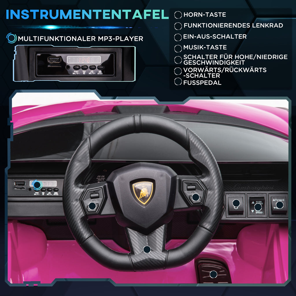 HOMCOM Kinder Elektrische Auto, Lamborghini, 3-5 km/u, Afstandsbediening, voor 3-5 Jaar, Roze