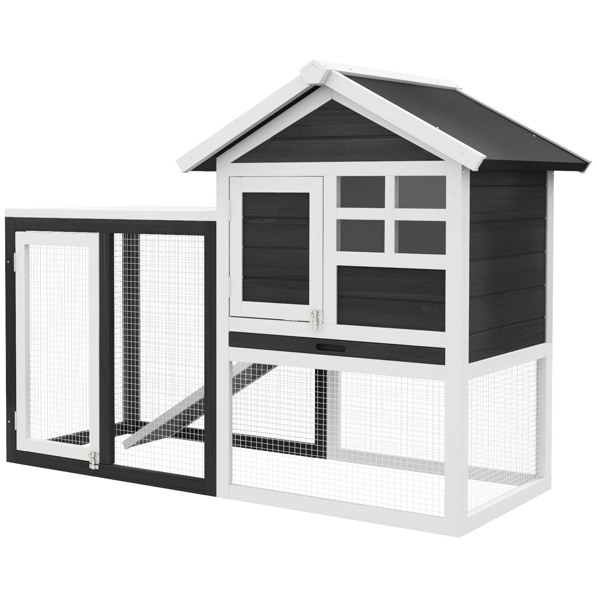 PawHut konijnenhok grijs+zwart+wit 122 x 62,6 x 92 cm