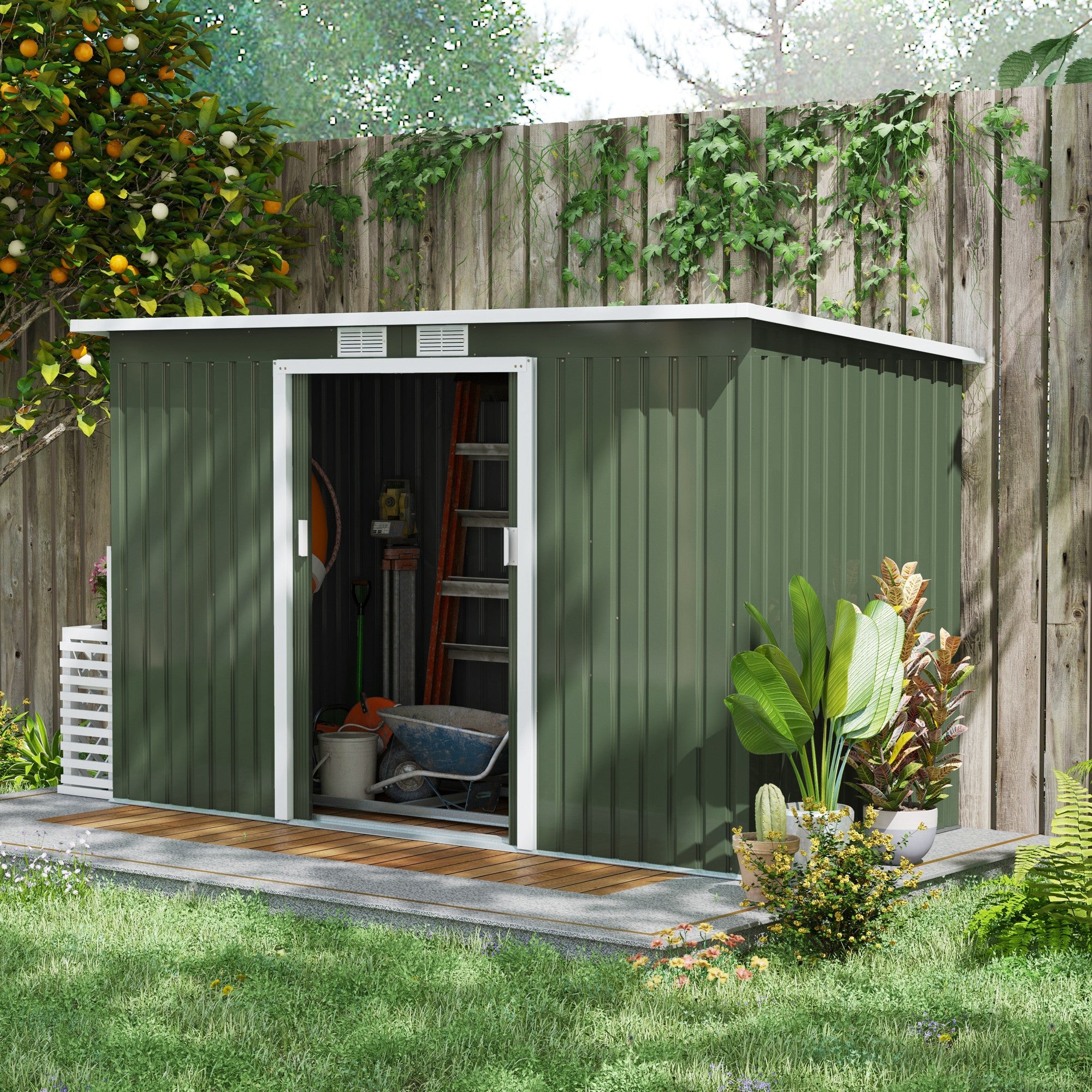 Outsunny Tuinhuis tuinhuisje met schuifdeur raam buiten staal lichtgroen