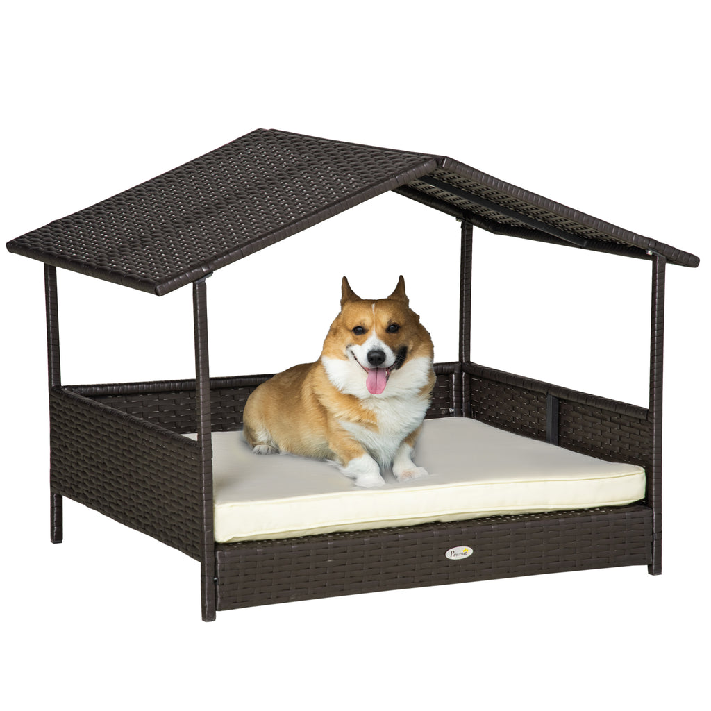 Pawhut Rotan hondenhok hondenbed met kussen in de vorm van een huis hondenhok voor buiten stalen frame PP
