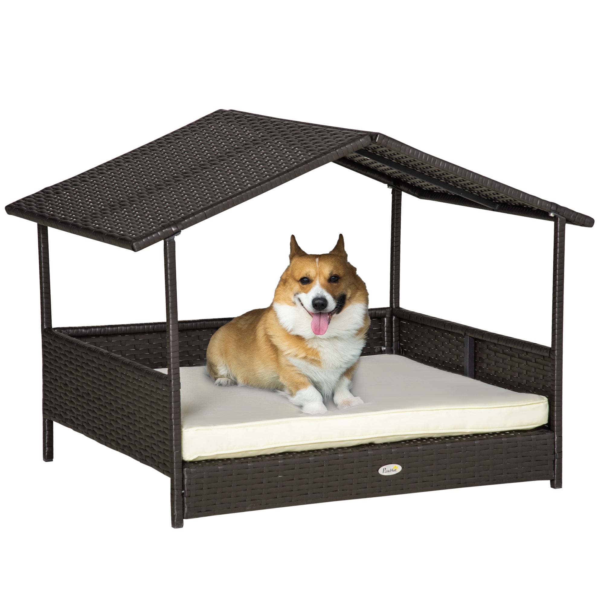 Pawhut Rotan hondenhok hondenbed met kussen in de vorm van een huis hondenhok voor buiten stalen frame PP