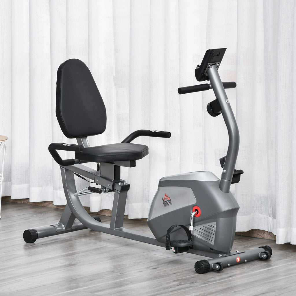 HOMCOM hometrainer fietstrainer vliegwiel hometrainer met 8 niveaus verstelbare magnetische weerstand verstelbare lengte magnetische weerstand wielen metaal ABS grijs + zilver 136 l x 62,5 b x 38 h cm