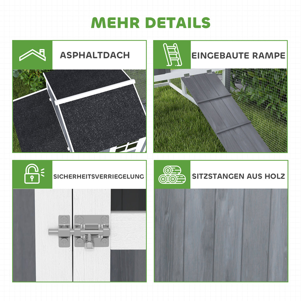 PawHut Kippenren met Uitloop voor 3-4 Kippen, 3-Delige Nestkast, 1,9 m² Oppervlak, Dennenhout, Grijs