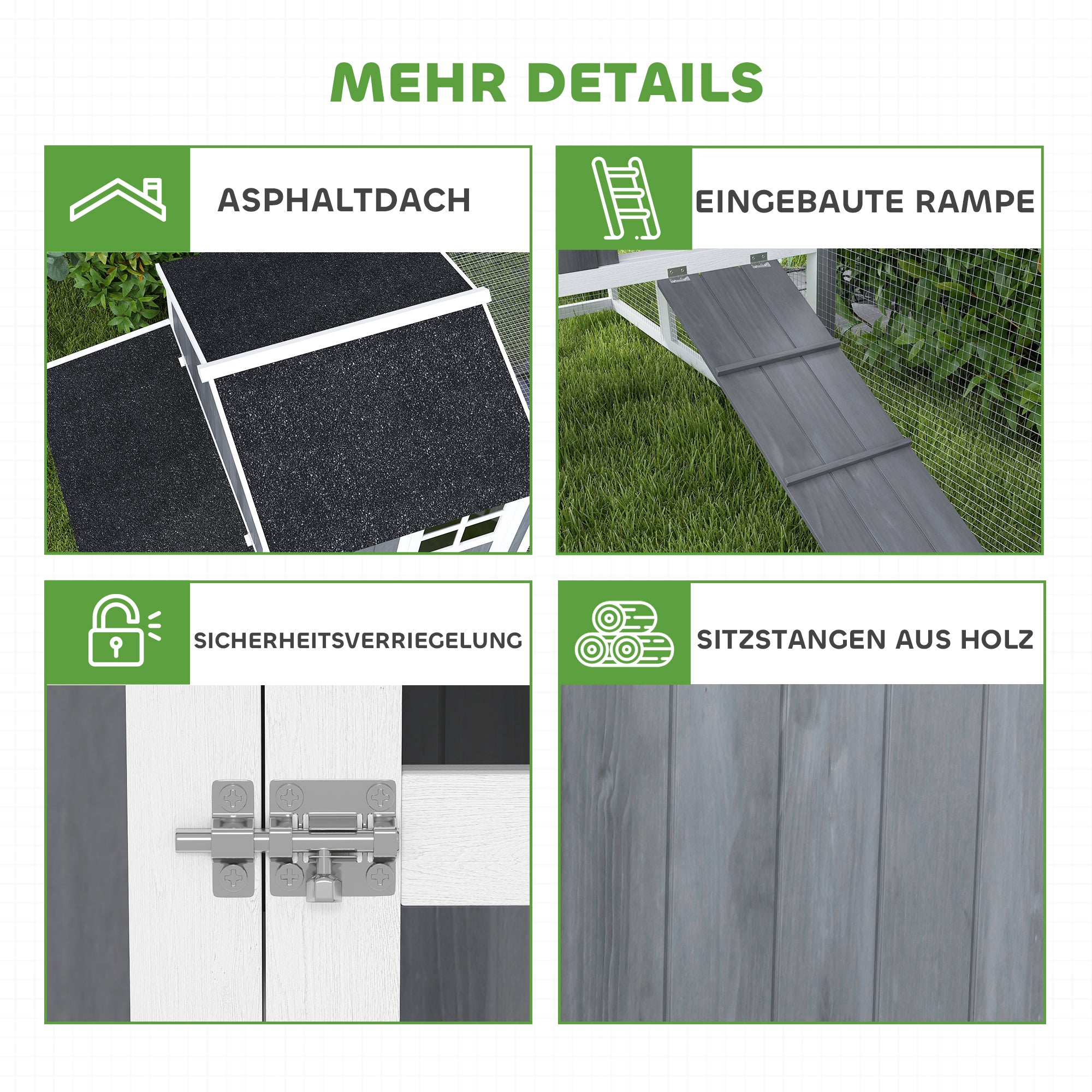 PawHut Kippenren met Uitloop voor 3-4 Kippen, 3-Delige Nestkast, 1,9 m² Oppervlak, Dennenhout, Grijs