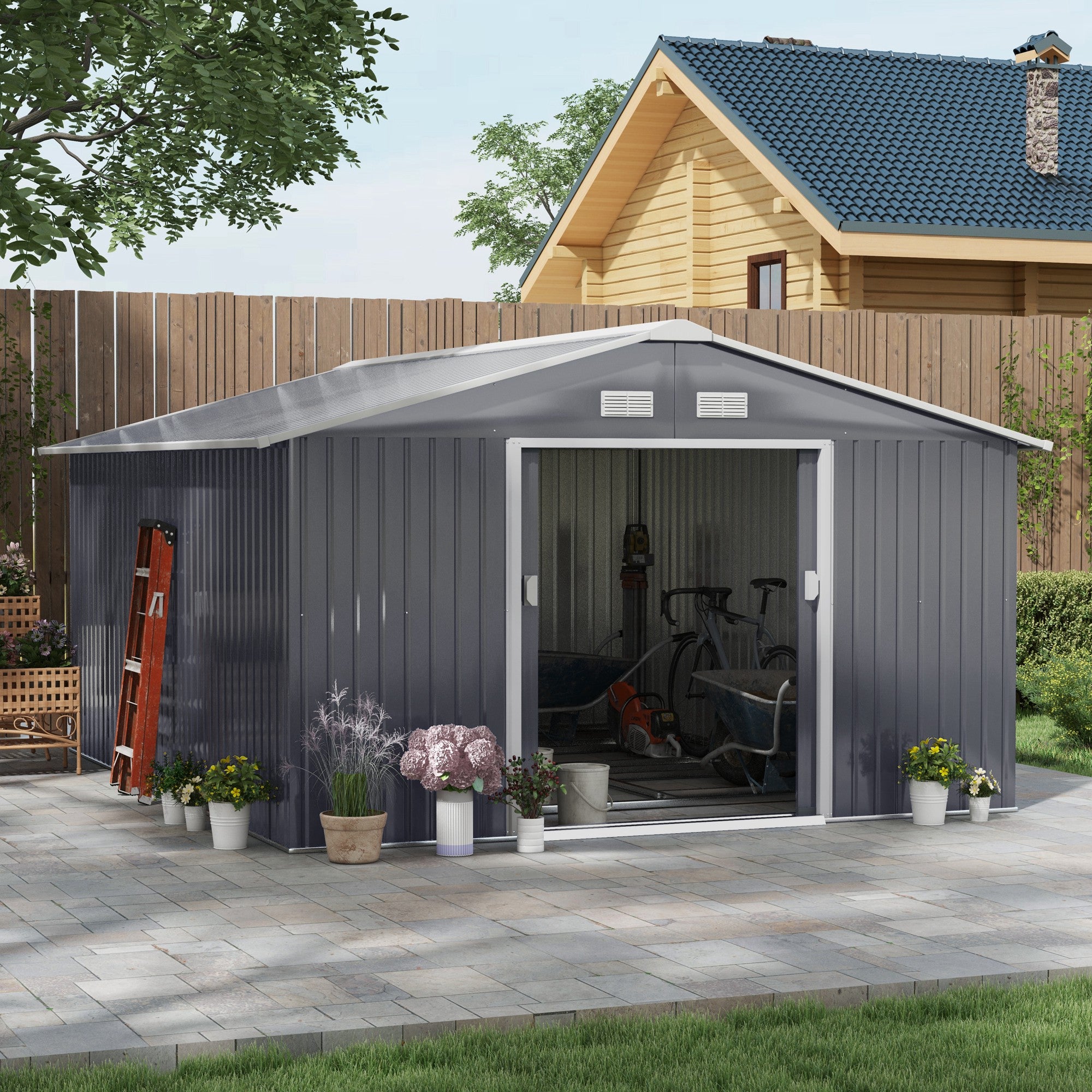 Outsunny Gereedschapsschuur met fundering 24,5 m³ gereedschapsschuur tuinhuisje stalen schuifdeur
