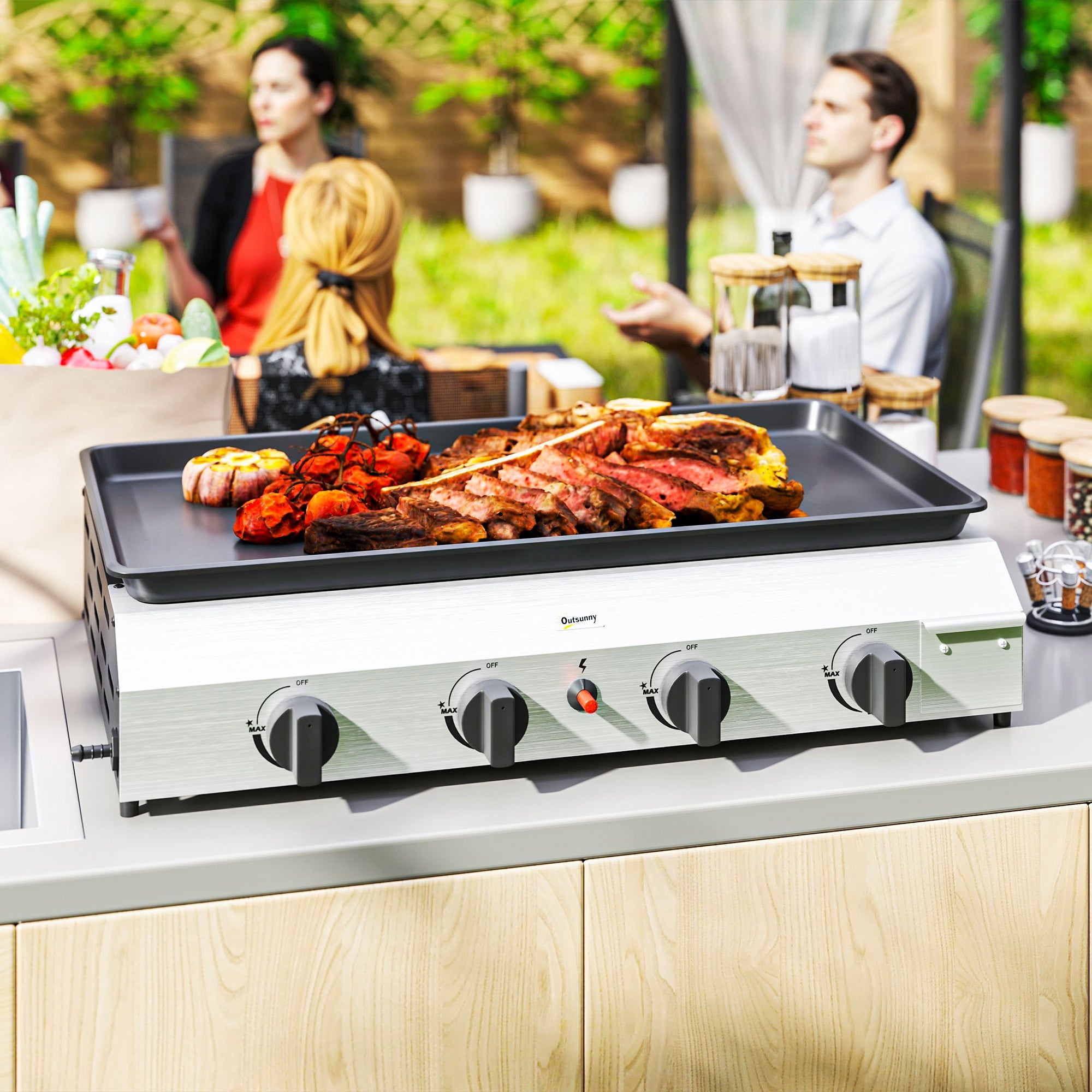 Outsunny Gasbarbecue met 8000BTU/2,4 KW, Grillwagen incl. 4 Roestvrijstalen Branders, Drukregelaar 44 x 44,5 x 19 cm Zilver+Zwart