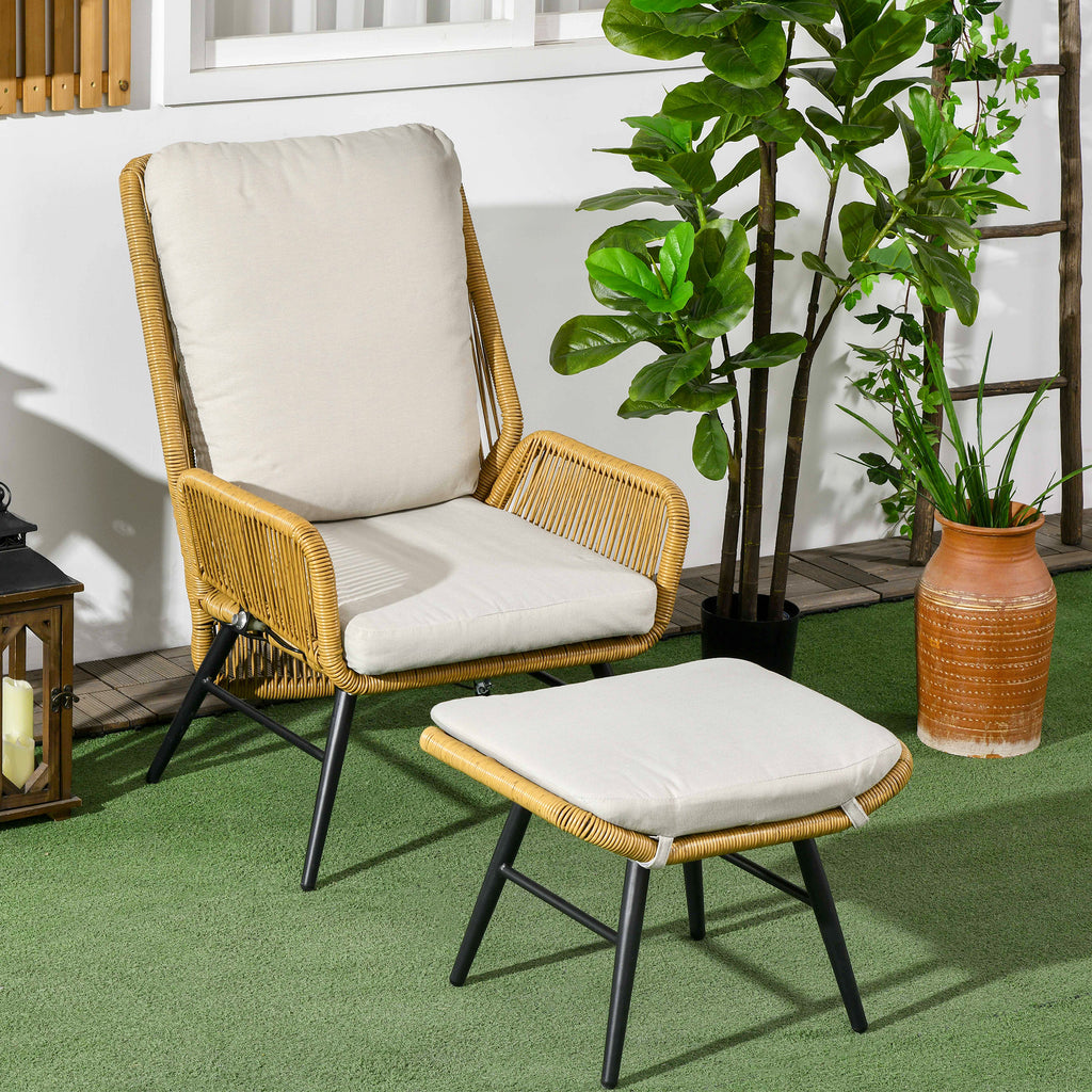 Outsunny Polyrattan Tuinstoel en Voetenbank, verstelbare leuning, Lichtbruin/Grijs/Zwart