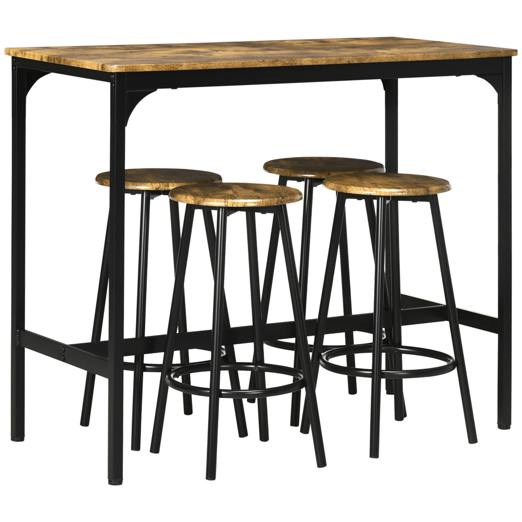 HOMCOM 5-delig. Bartafelset met industrieel design, 1 bartafel, 4 barkrukken, bankstel, aanrecht, zwart+bruin