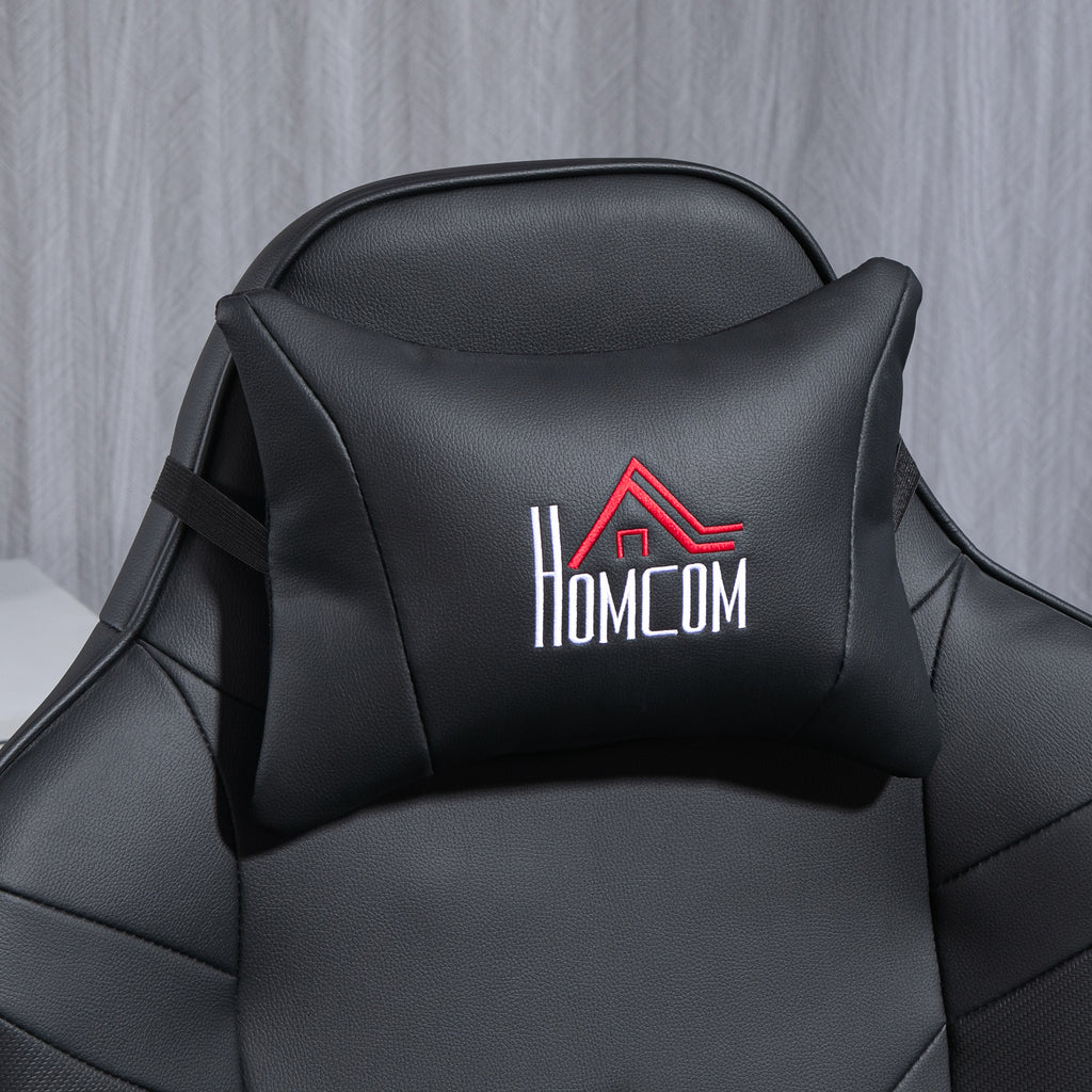 HOMCOM Gamingstoel, Massagefunctie, Kantelbare Rugleuning, Voetensteun, tot 120 kg, Stalen Frame, Kunstleer, Zwart