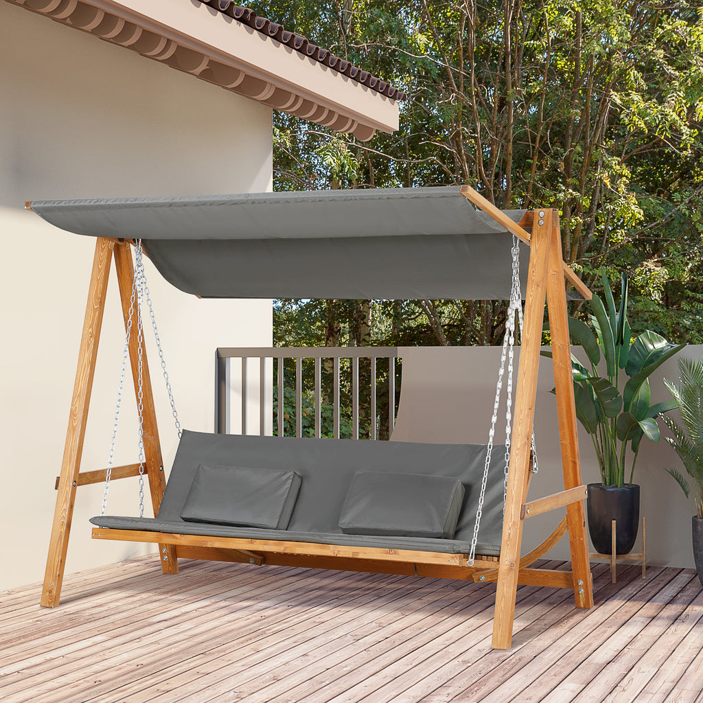 Outsunny hangmatschommel met bedfunctie 3-zits tuinschommel met dak ligbed tuinbank Lariks hout polyester grijs + teak 225.5 x 113 x 180 cm