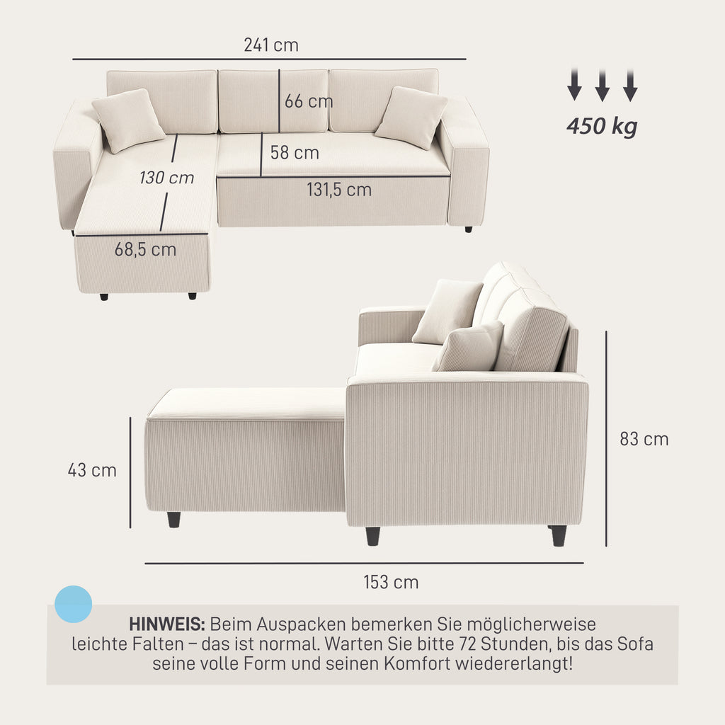 HOMCOM 3-Zitsbank met Chaise Longue, Woonkamerbank met Corduroy Bekleding, 2 Extra Kussens, Gestoffeerde Bank, Crèmewit