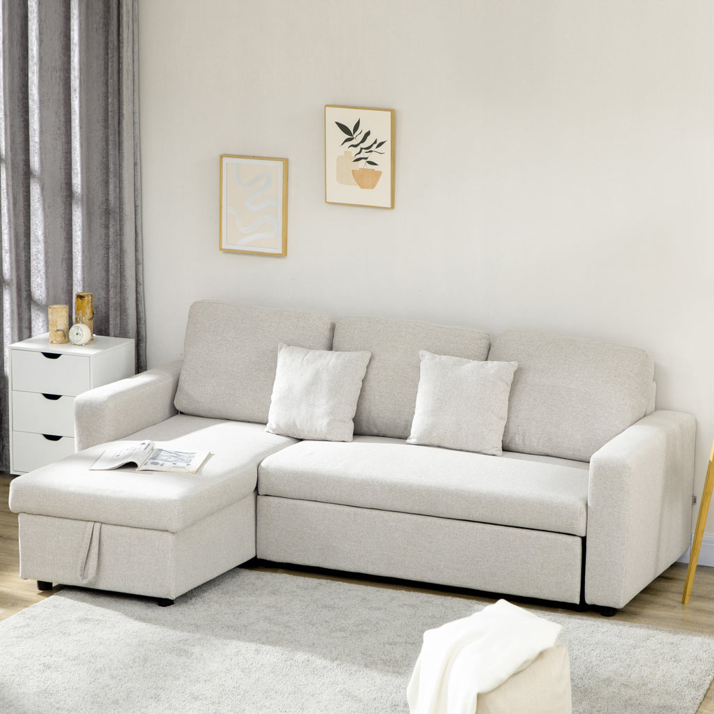HOMCOM Slaapbank Hoekbank met Bedfunctie, inclusief 2-Zits Sofa, Eenpersoonsbed, L-vorm met Opbergruimte, 2 Kussens Crèmewit