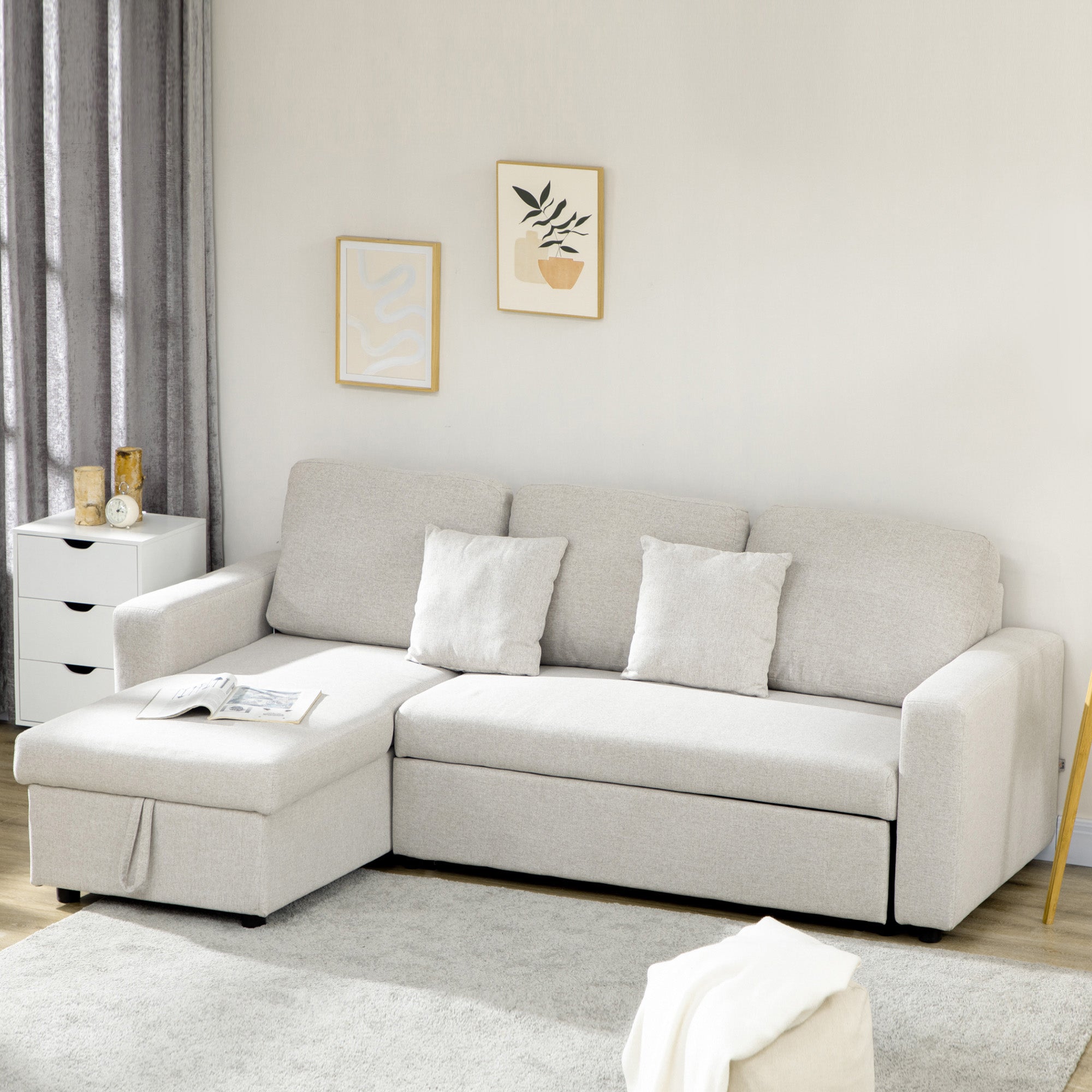 HOMCOM Slaapbank Hoekbank met Bedfunctie, inclusief 2-Zits Sofa, Eenpersoonsbed, L-vorm met Opbergruimte, 2 Kussens Crèmewit