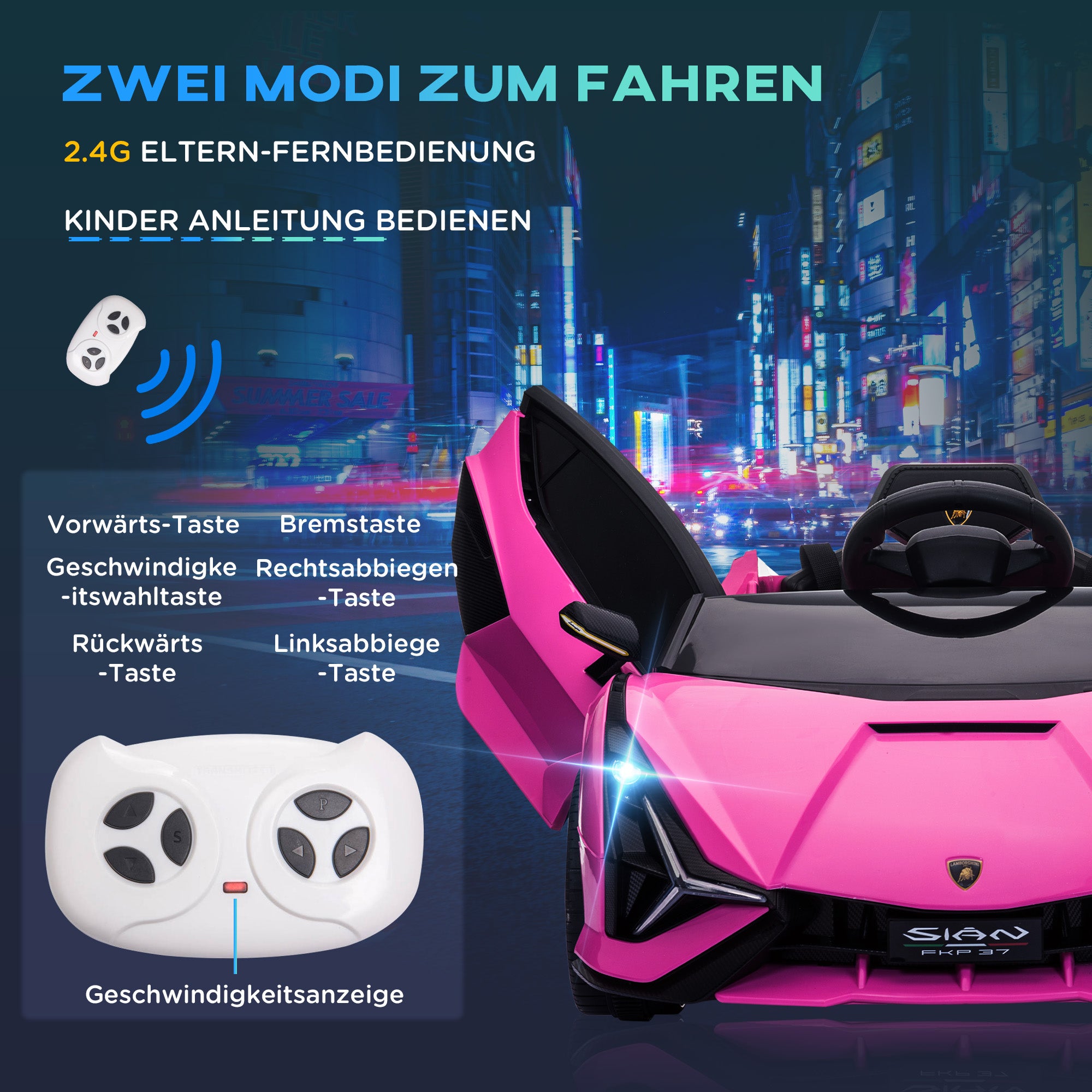 HOMCOM Kinder Elektrische Auto, Lamborghini, 3-5 km/u, Afstandsbediening, voor 3-5 Jaar, Roze