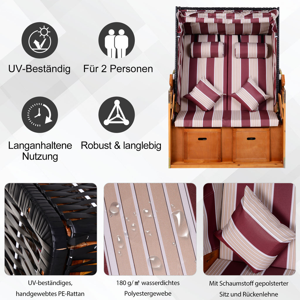 Dubbele ligstoel met dak dubbele ligstoel chaise longue voetensteun PE rotan rood