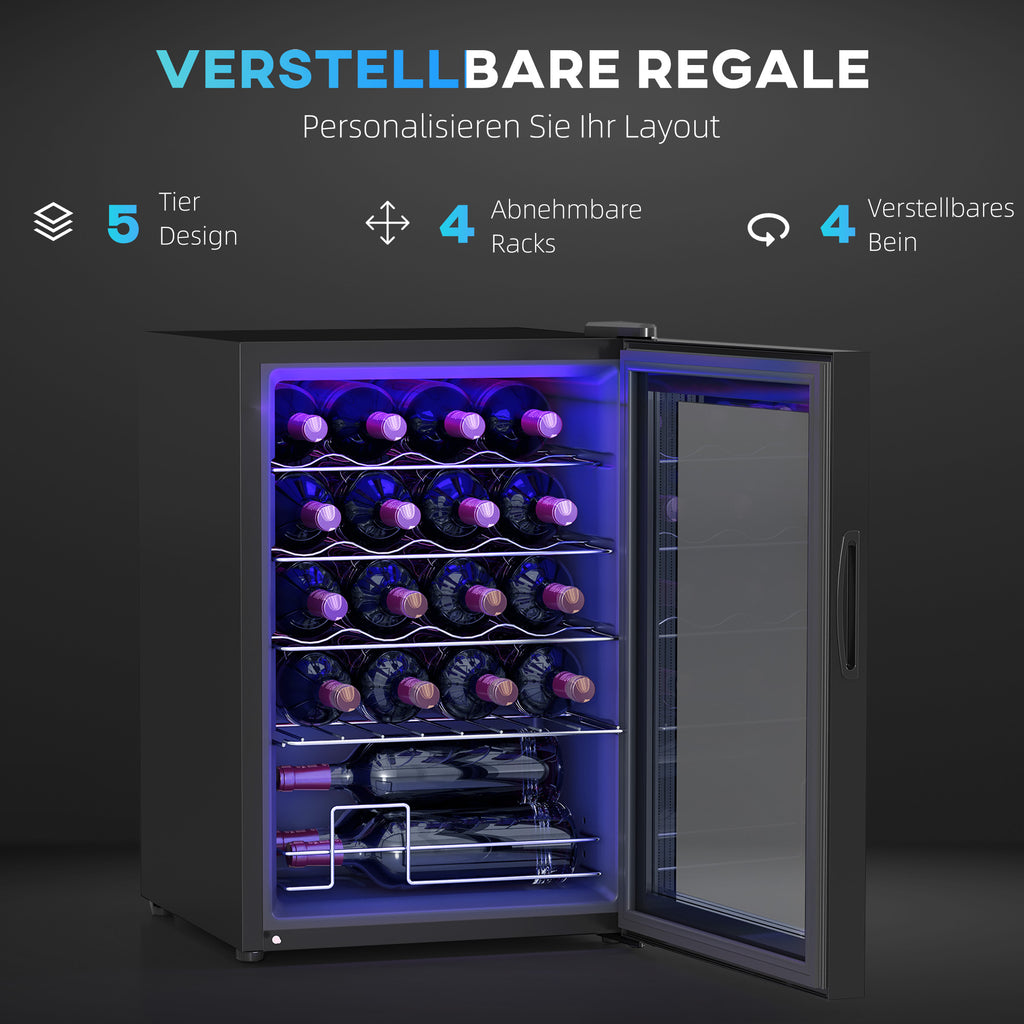 HOMCOM Kleine Wijnkoelkast, Mini-Koelkast voor 20 Flessen, 53 Liter Capaciteit, met Glazen Deur, LED-Verlichting, Zwart