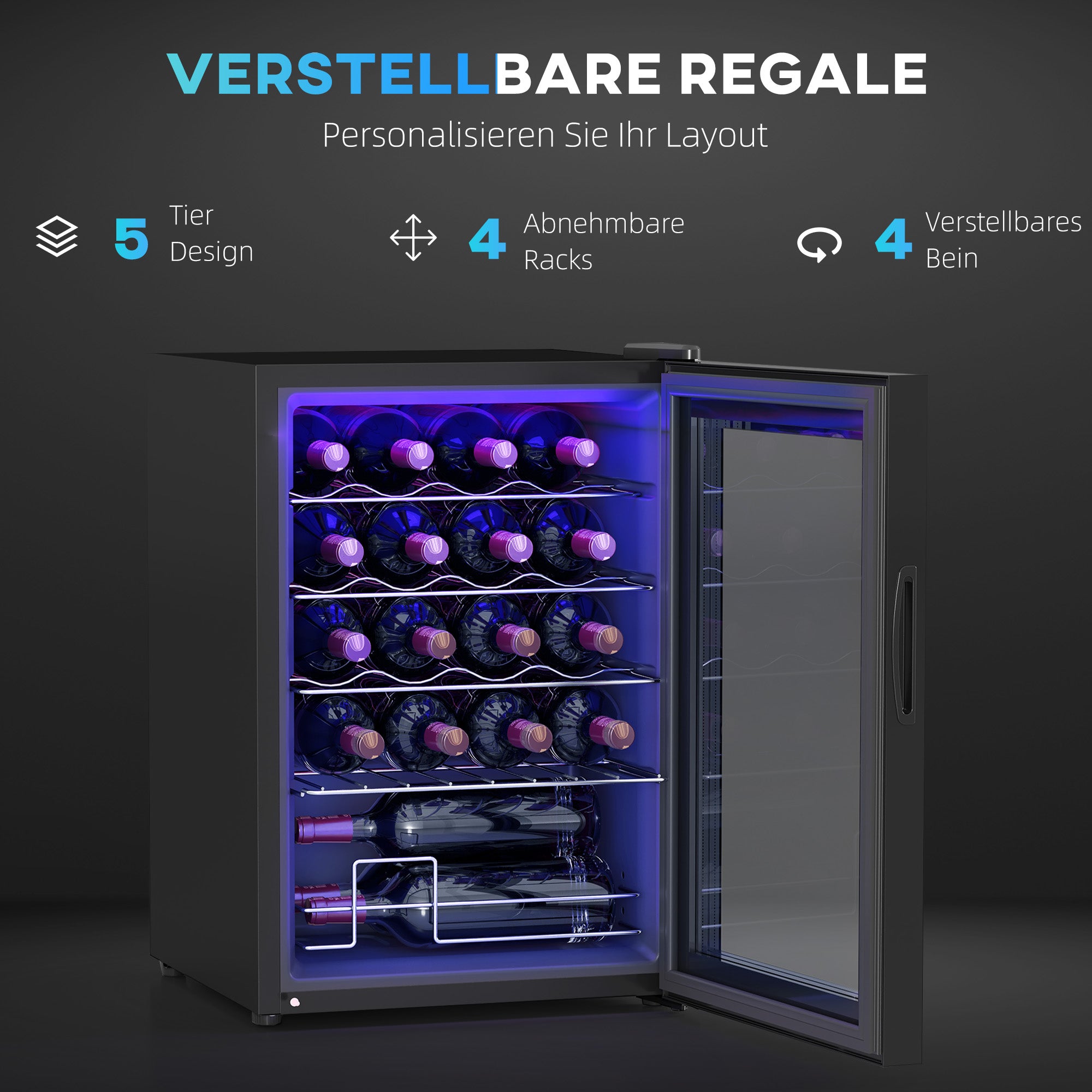 HOMCOM Kleine Wijnkoelkast, Mini-Koelkast voor 20 Flessen, 53 Liter Capaciteit, met Glazen Deur, LED-Verlichting, Zwart