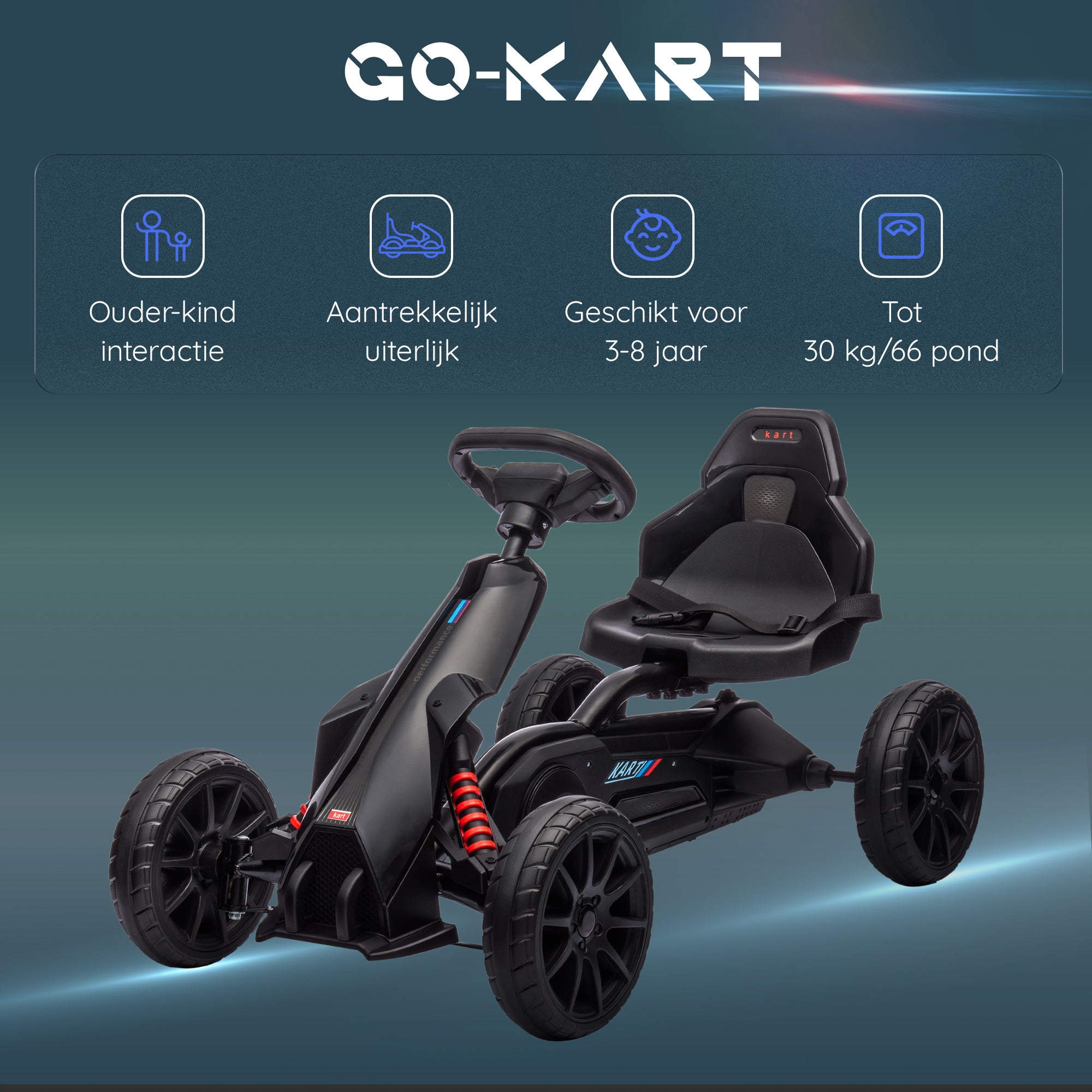 HOMCOM Go-Kart Kinderrijtuig met Verstelbare Zitting, Trapvoertuig, Trapauto met Handrem, 3-8 Jaar, Buiten, Zwart