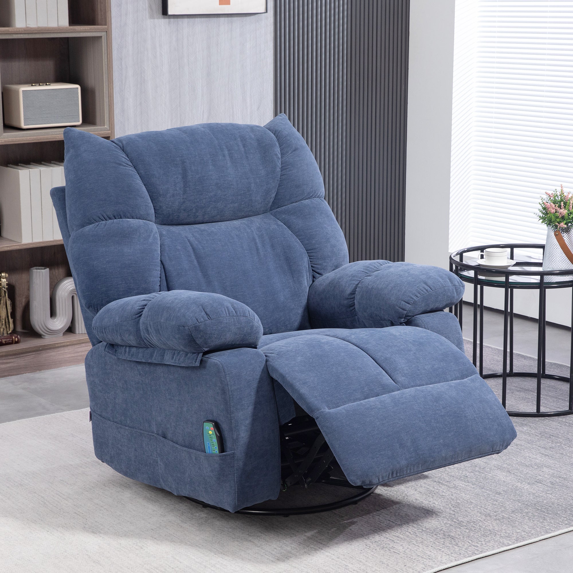 HOMCOM Massagestoel met Warmte- & Ligfunctie, Draaibaar, tot 150 kg, Metalen Frame, 98x90x98cm, Blauw