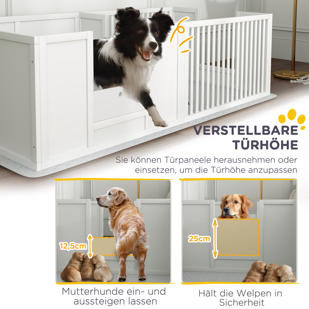 PawHut Werpbox voor Puppy's, met Ondermat, eenvoudig te reinigen, Hout, 166x80x50 cm, Wit