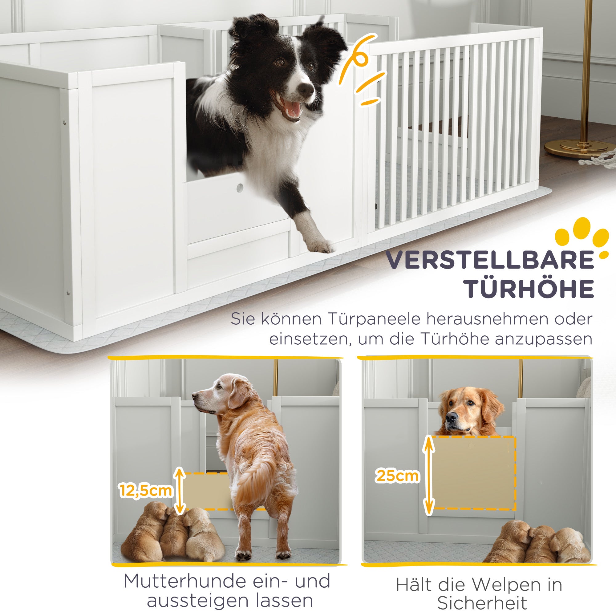 PawHut Werpbox voor Puppy's, met Ondermat, eenvoudig te reinigen, Hout, 166x80x50 cm, Wit