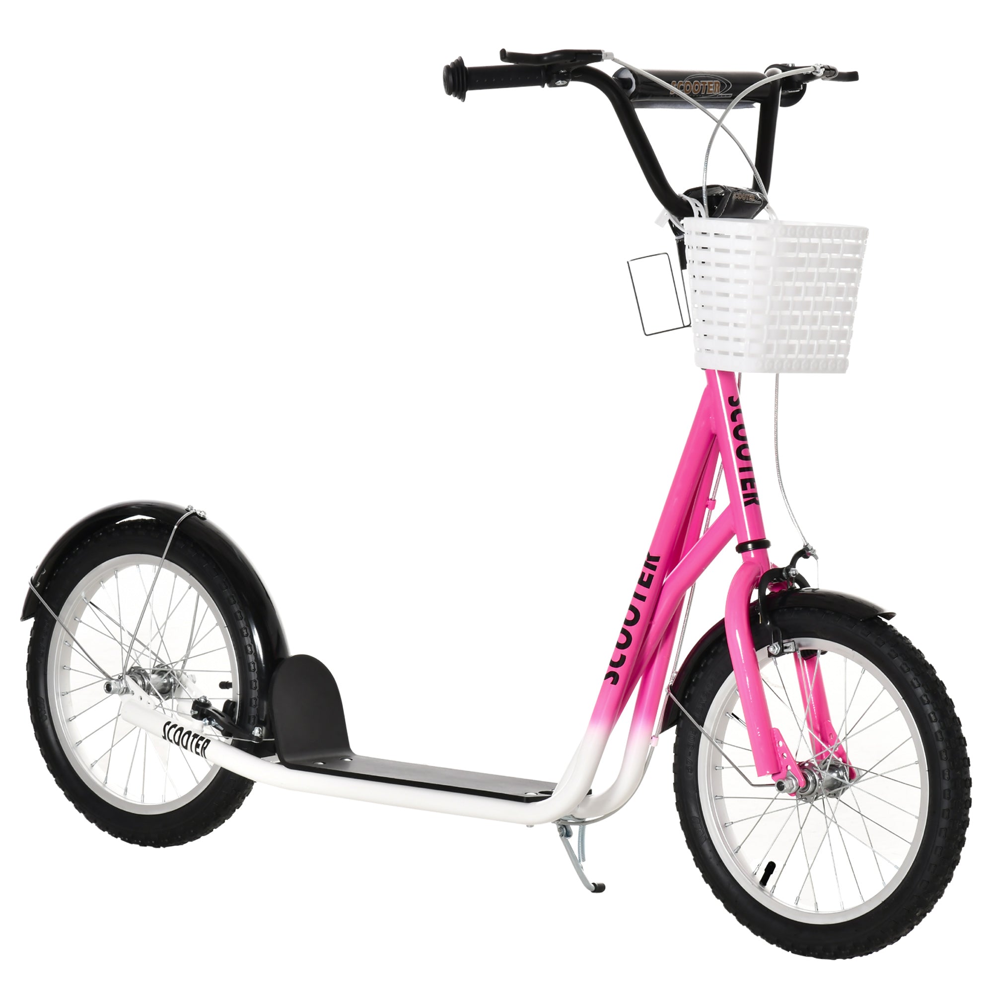 HOMCOM Kinderstep met Rem, Incl. Mand, Hoogteverstelbaar, voor Kinderen van 5 tot 12 Jaar, Wit + Roze