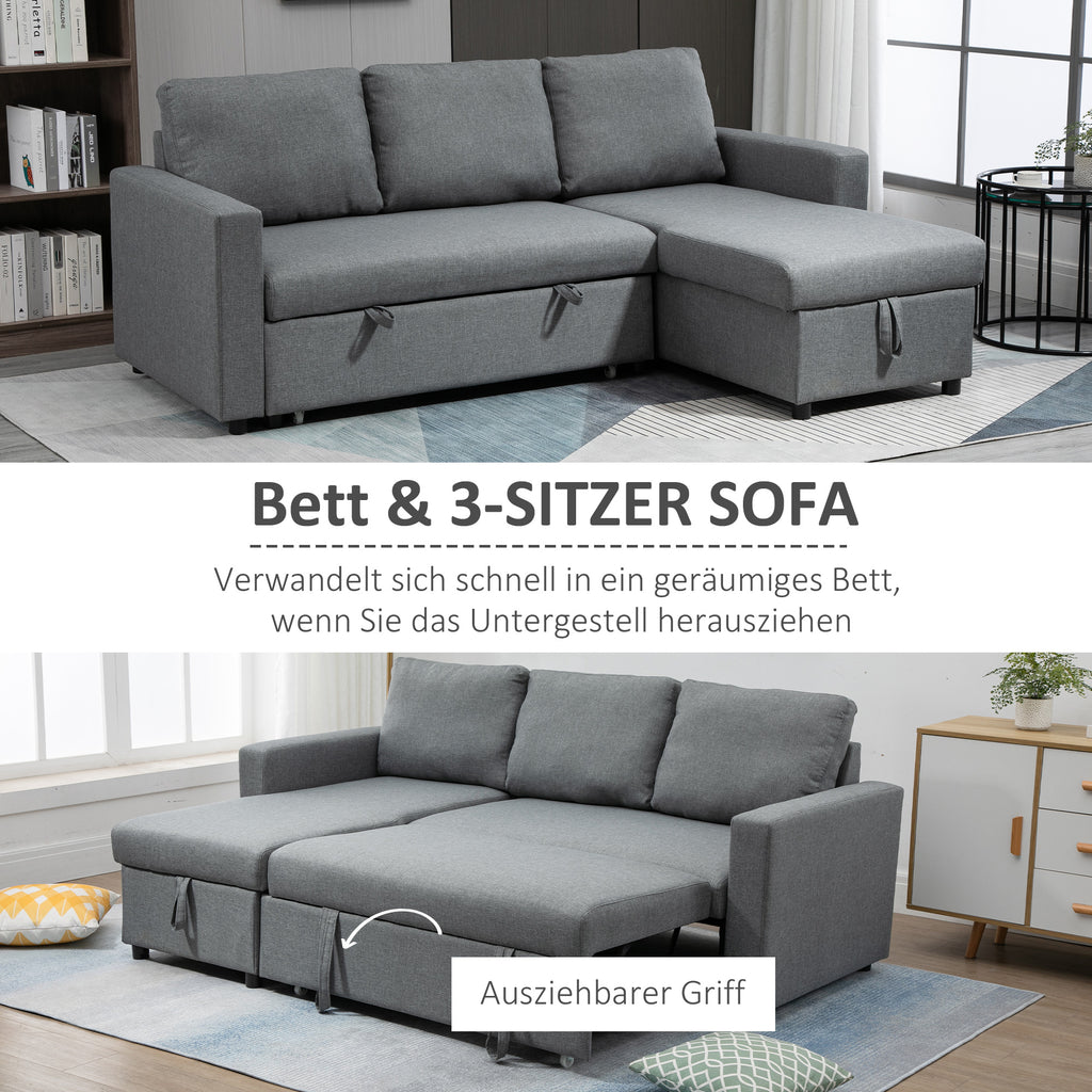 HOMCOM hoekbank met slaapfunctie opbergruimte hoekbank met bedstee chaise longue slaapbank stoffen bank L-vorm linnen touch lichtgrijs 211,5 x 146 x 85 cm