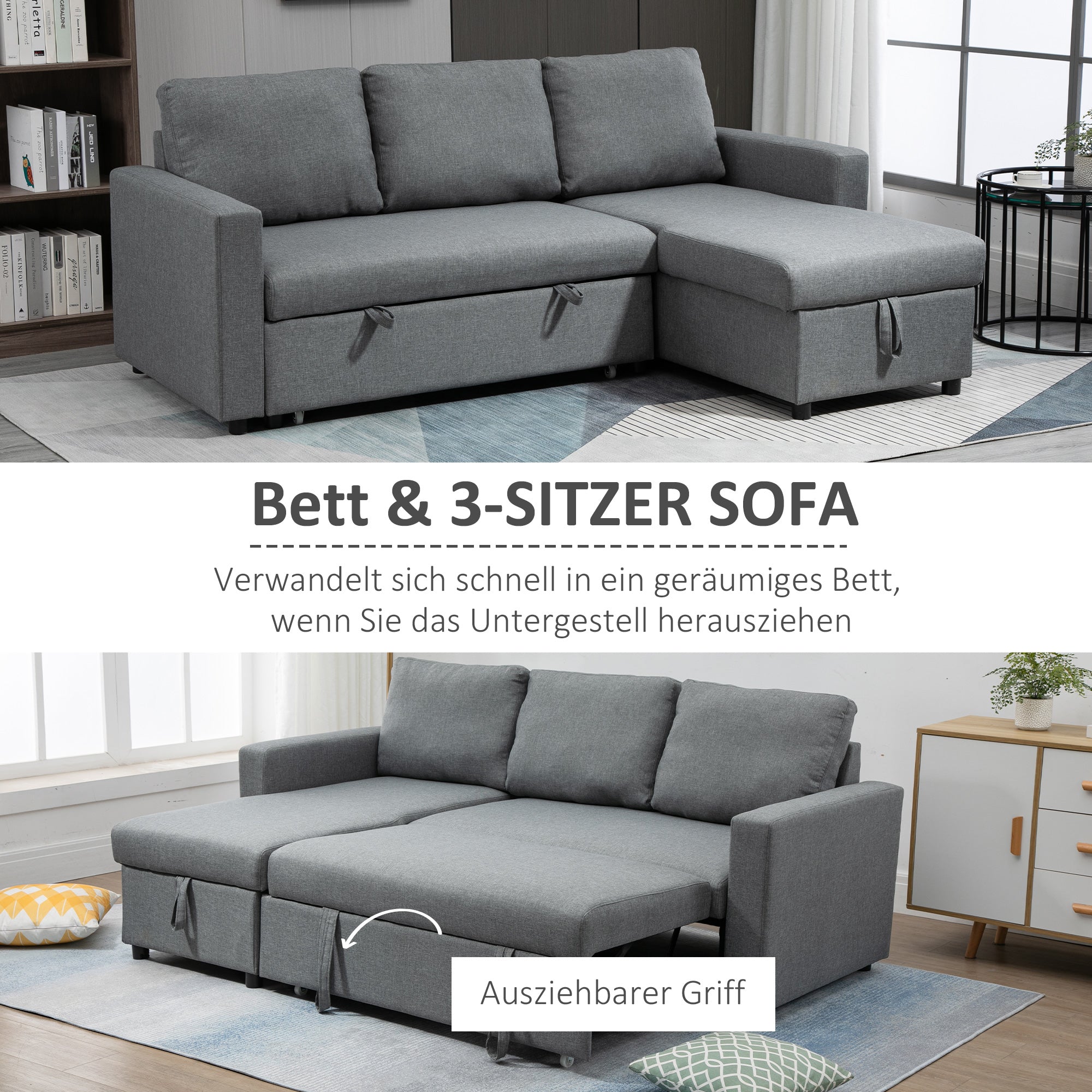 HOMCOM hoekbank met slaapfunctie opbergruimte hoekbank met bedstee chaise longue slaapbank stoffen bank L-vorm linnen touch lichtgrijs 211,5 x 146 x 85 cm