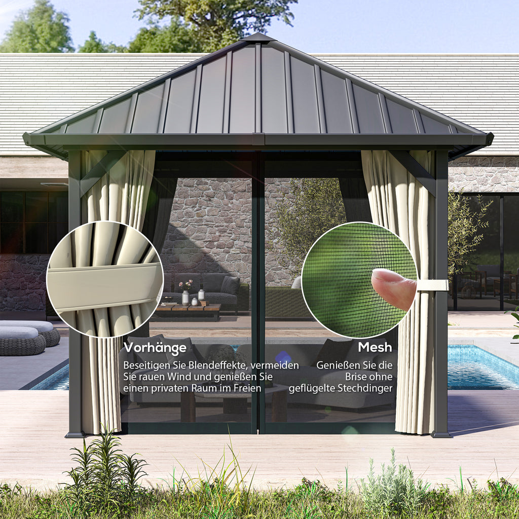 Outsunny 3 x 3m Harddak Paviljoen, Tuinpaviljoen met Metalen Dak, Waterbestendig Tuinzelt met Net en Zijwanden, Donkergrijs