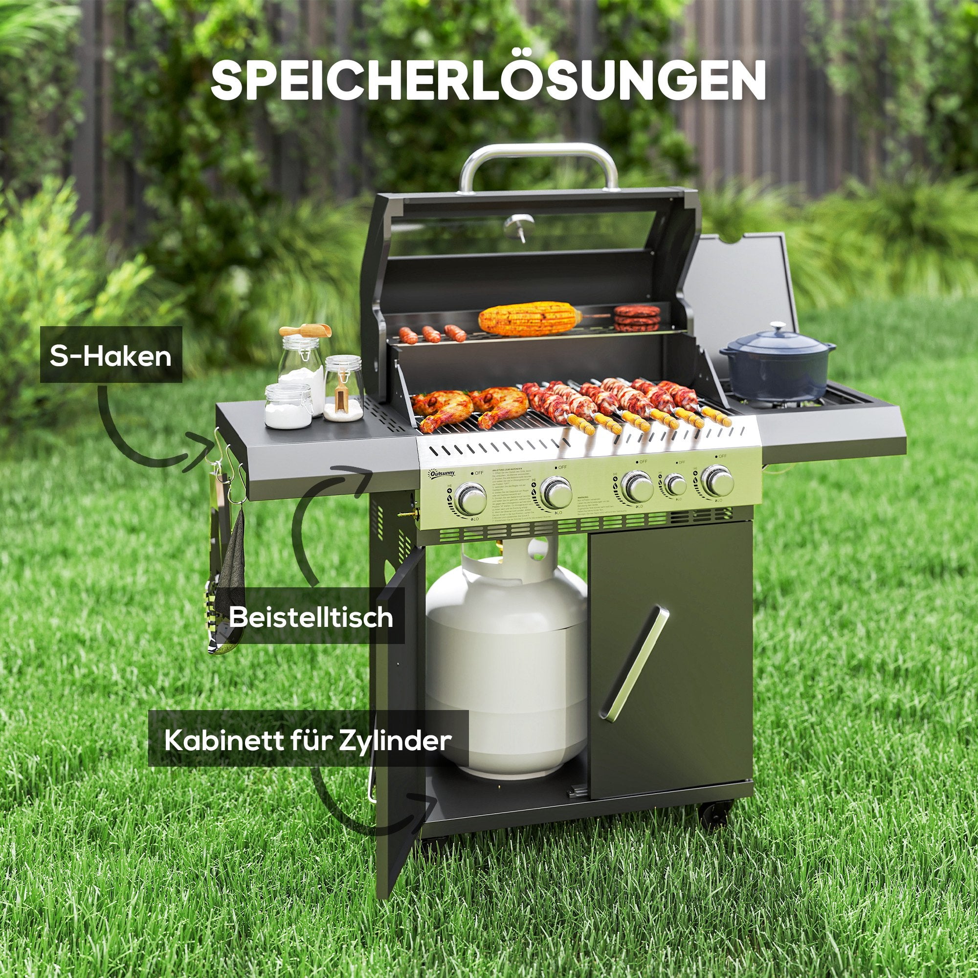 Outsunny Gasgrill 12 KW Grillwagen met 5 Branders, Zijkoker, Deksel, Thermometer, Zijplanken 135 x 54 x 110 cm