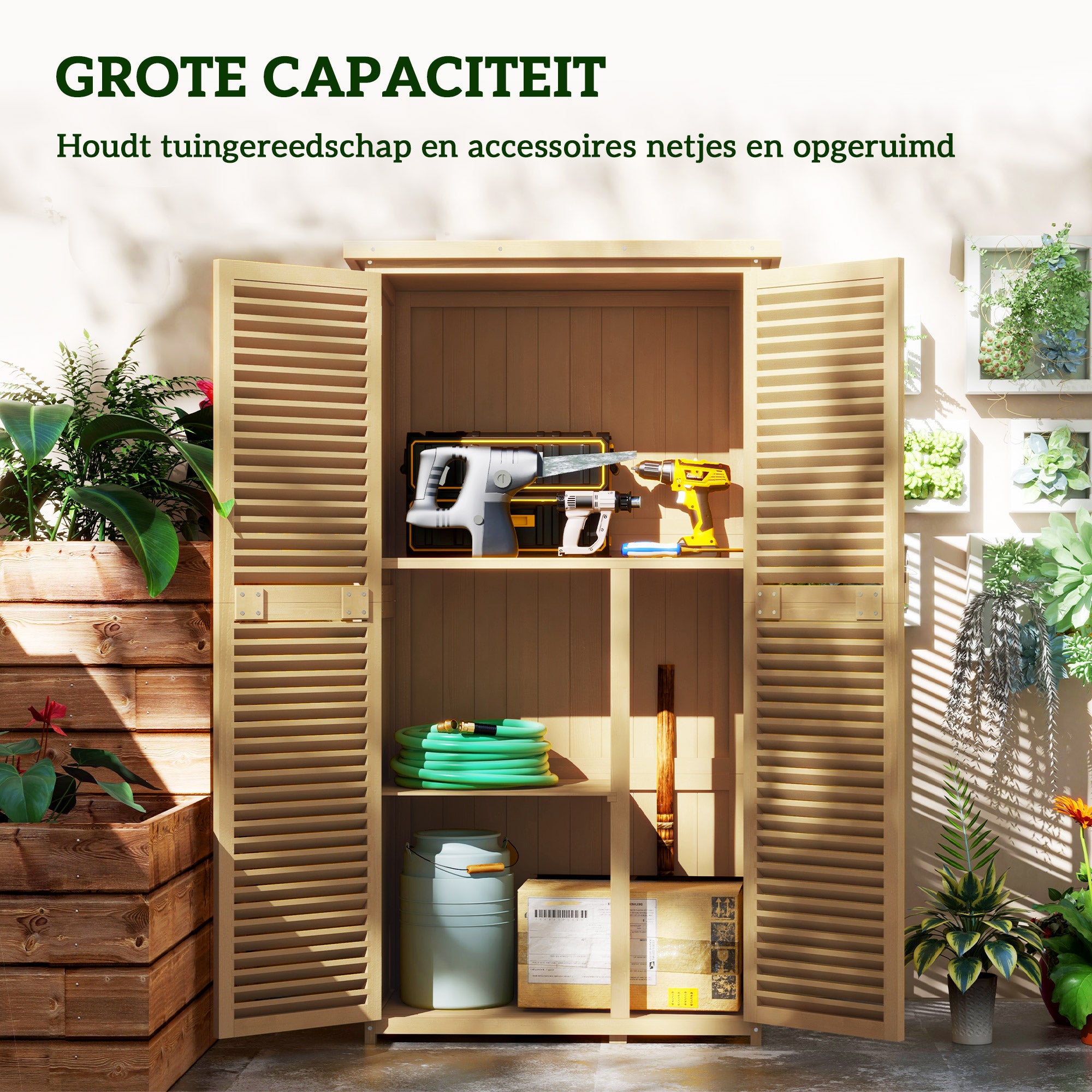 Outsunny Weerbestendige Tuinkast, 2 Deuren met Slot, Grenenhout, 87L x 46,5B x 160H cm, Lichtgeel