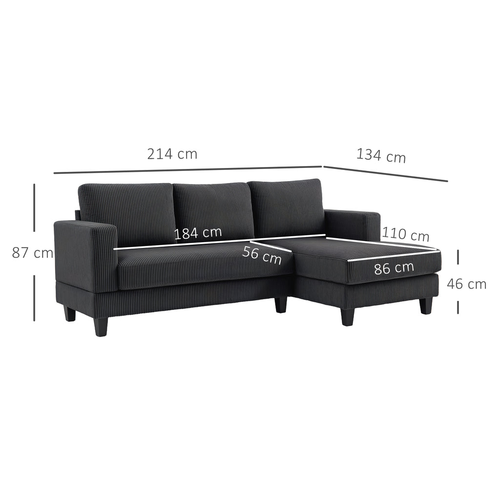 HOMCOM Hoekbank, L-vormige 3-zitsbank met Chaise Longue, Houtconstructie, 8 Poten, Corduroy Stof, Schuimstofbekleding, Grijs