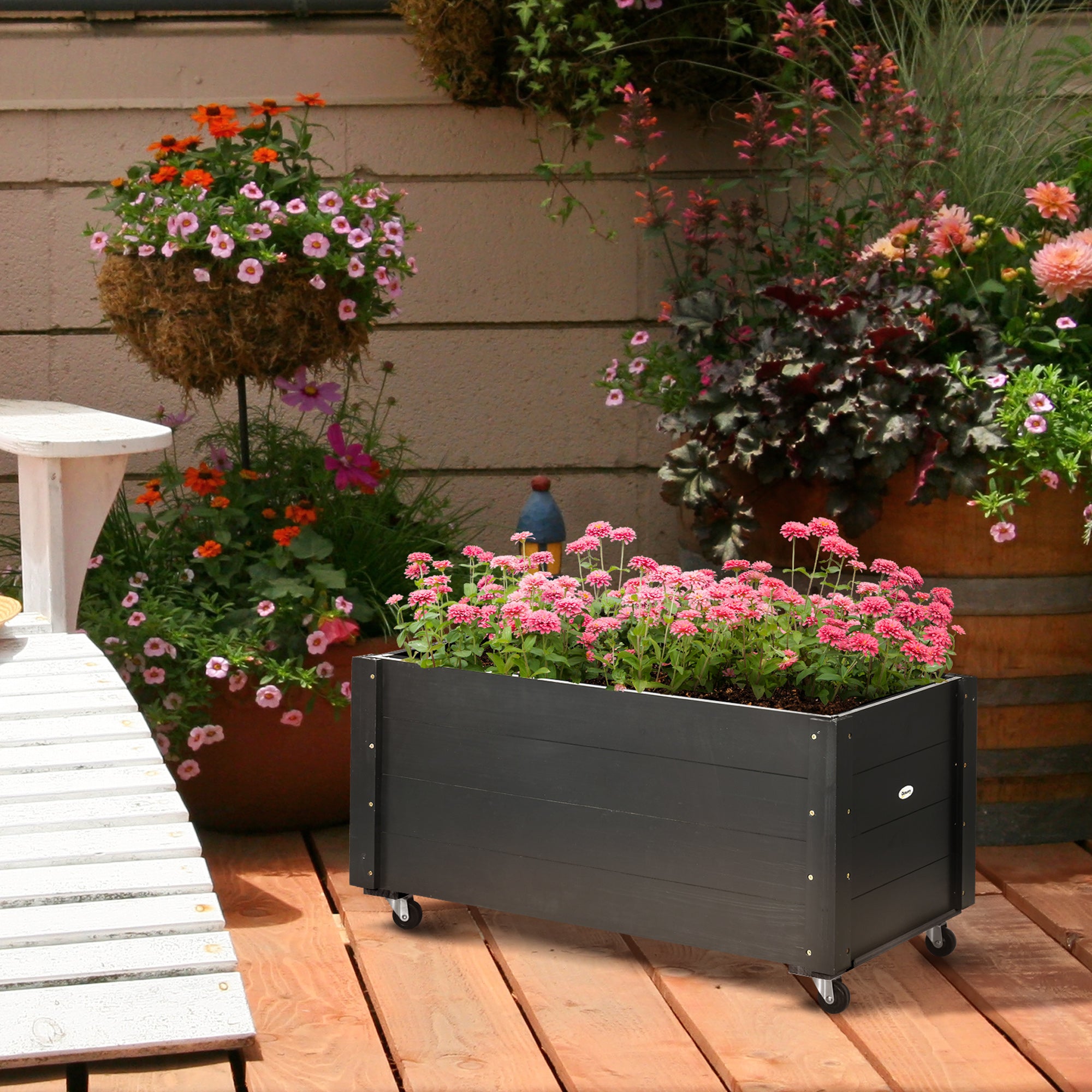 Outsunny verhoogd bed, bloembak met wielen, plantenbak voor tuin, massief hout