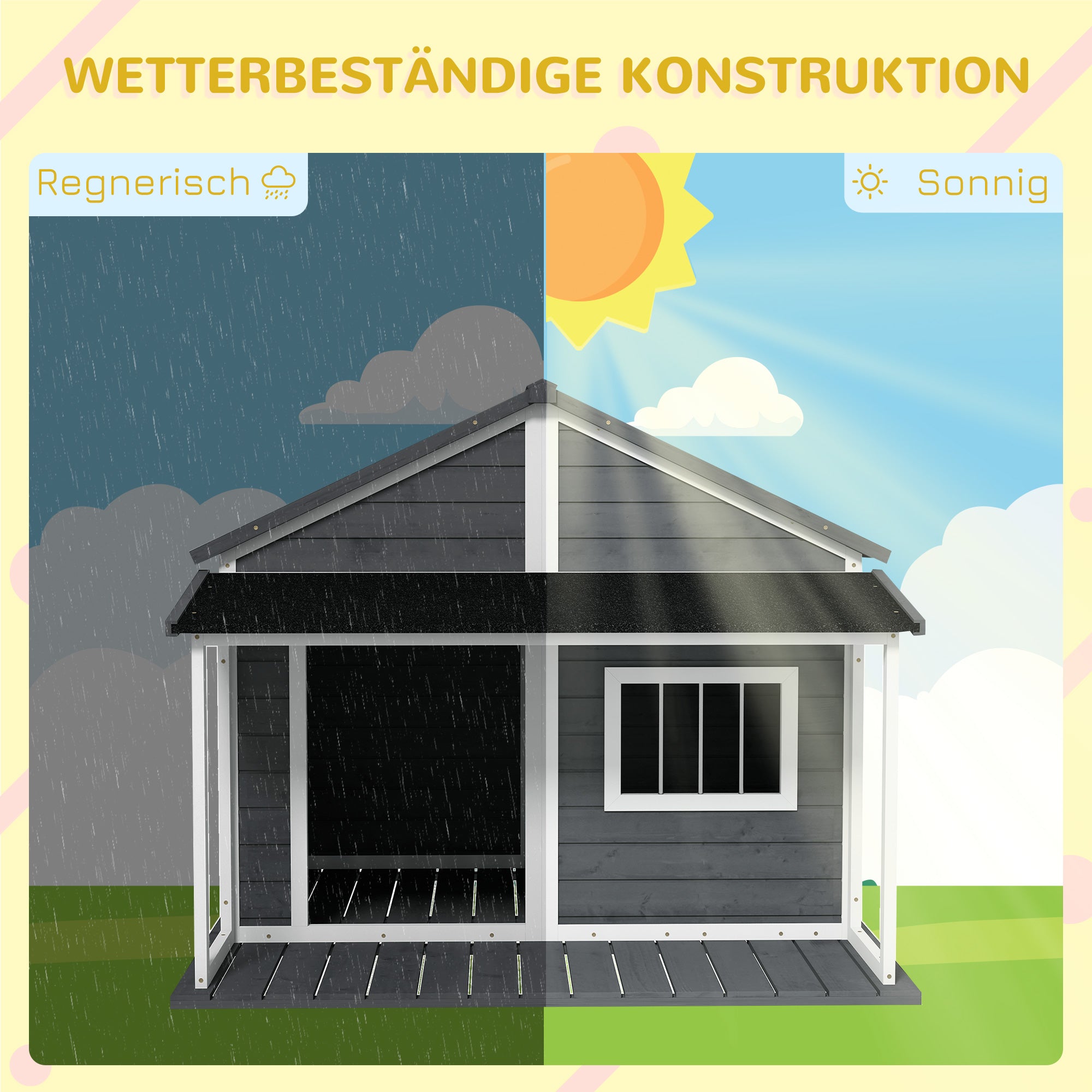 PawHut Hondenhok voor buiten - Inclusief veranda - Weerbestendig - 124 cm x 112 cm x 105 cm - Grijs + Wit