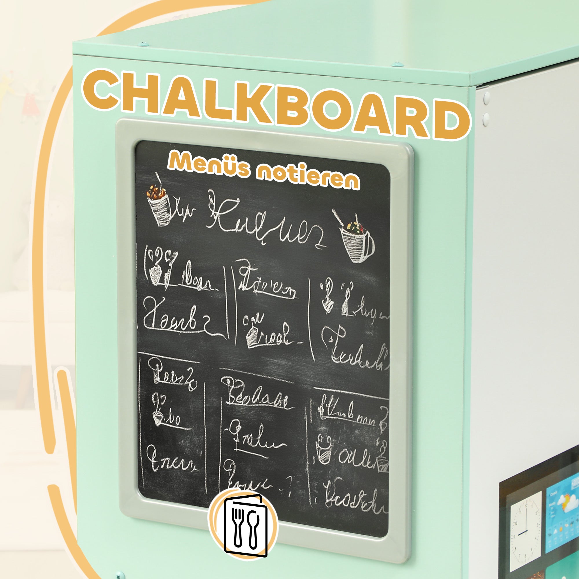 AIYAPLAY Speelkeuken Set met Krijtbord, Afzuigkap, Realistische Licht- en Geluidseffecten, Keukengerei