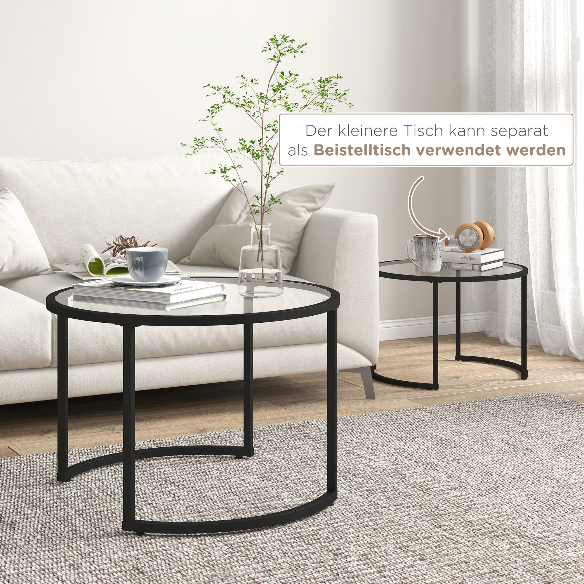 HOMCOM 2-delige Bijzettafels Salontafels Industrieel Design, Glazen Tafels, stapelbaar, Zwart + Transparant