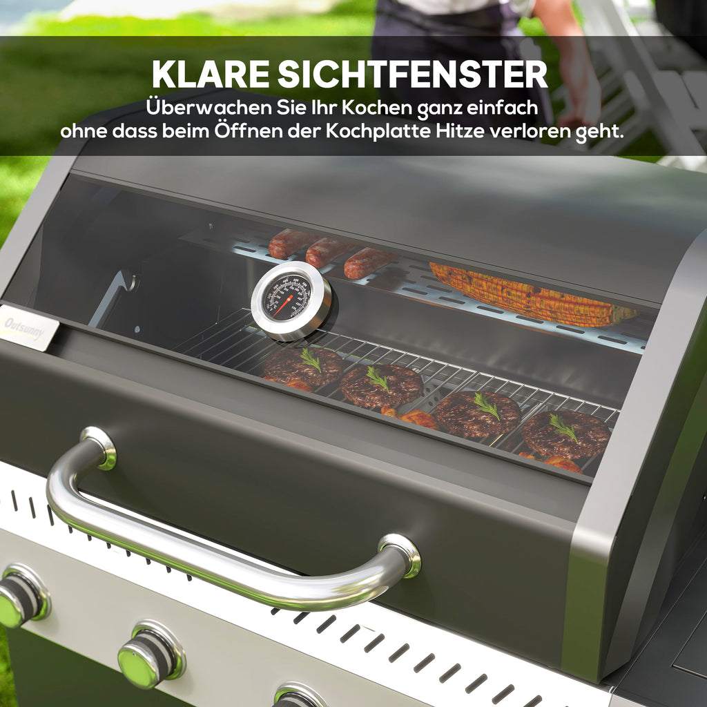Outsunny Gasgrill 12 KW Grillwagen met 5 Branders, Zijkoker, Deksel, Thermometer, Zijplanken 135 x 54 x 110 cm