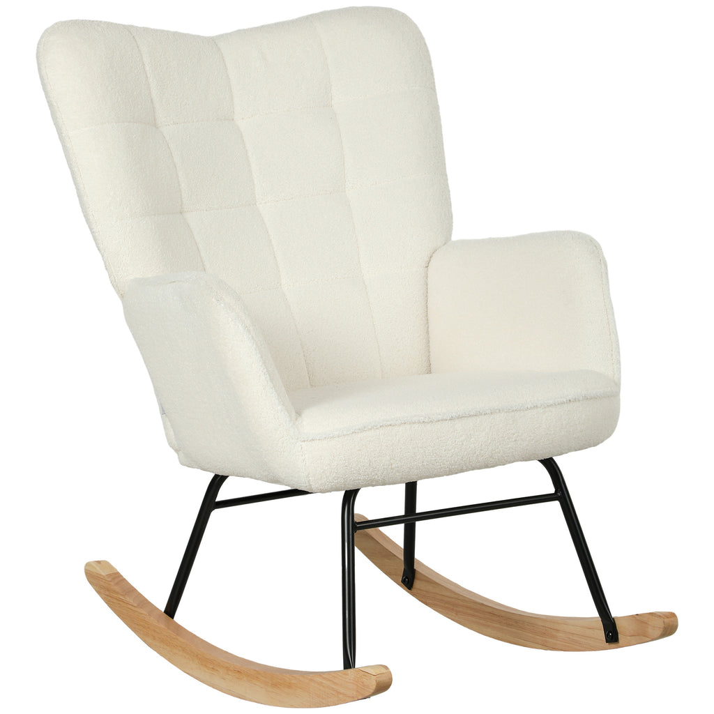 HOMCOM Schommelstoel in Berbervlies Look met Armleuningen, Ergonomische Stoel met Houten Glijders, voor Woonkamer, Slaapkamer, Wit