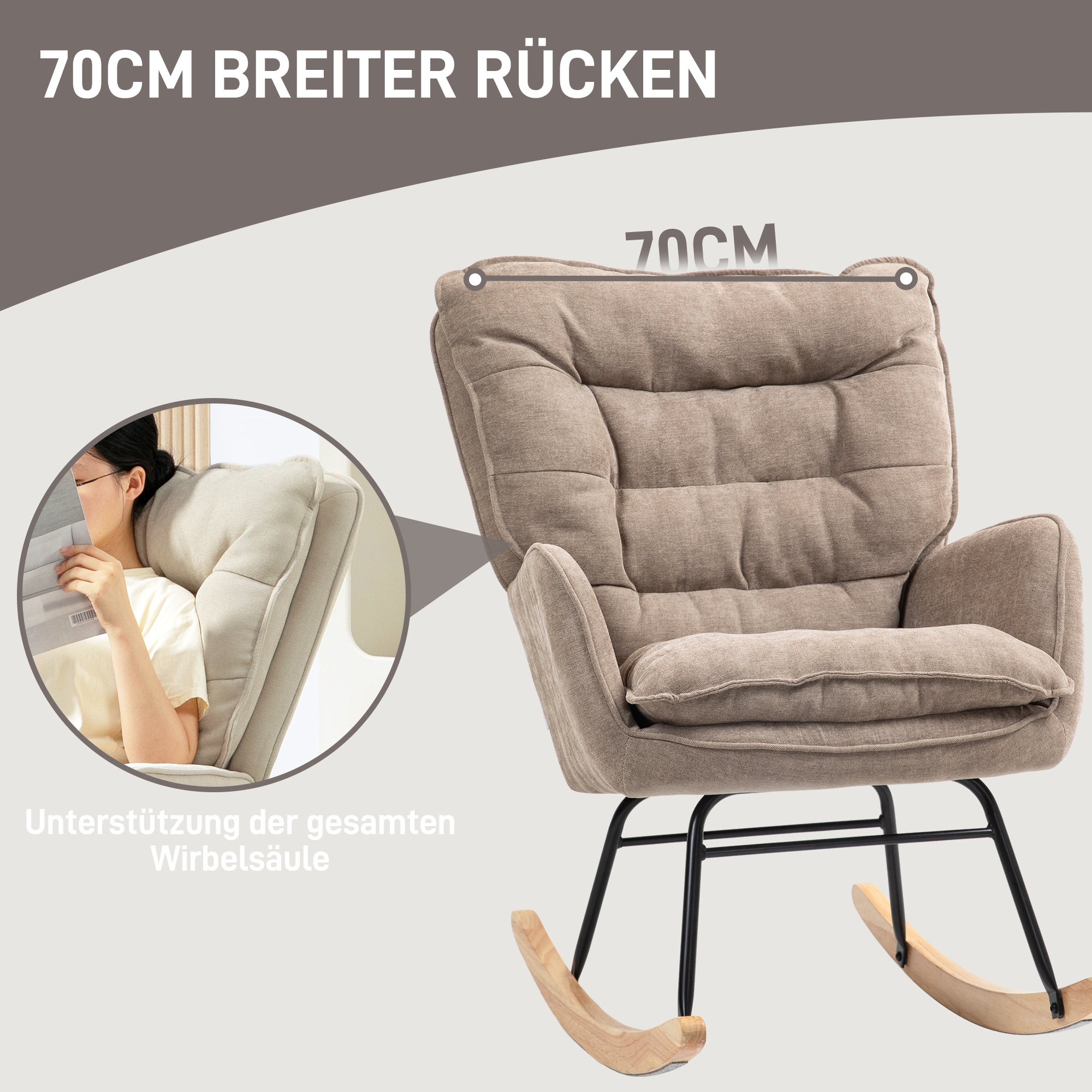 HOMCOM Schommelstoel met Brede Zit en Hoge Rugleuning, Frame van Beukenhout, tot 120 kg, Bruin