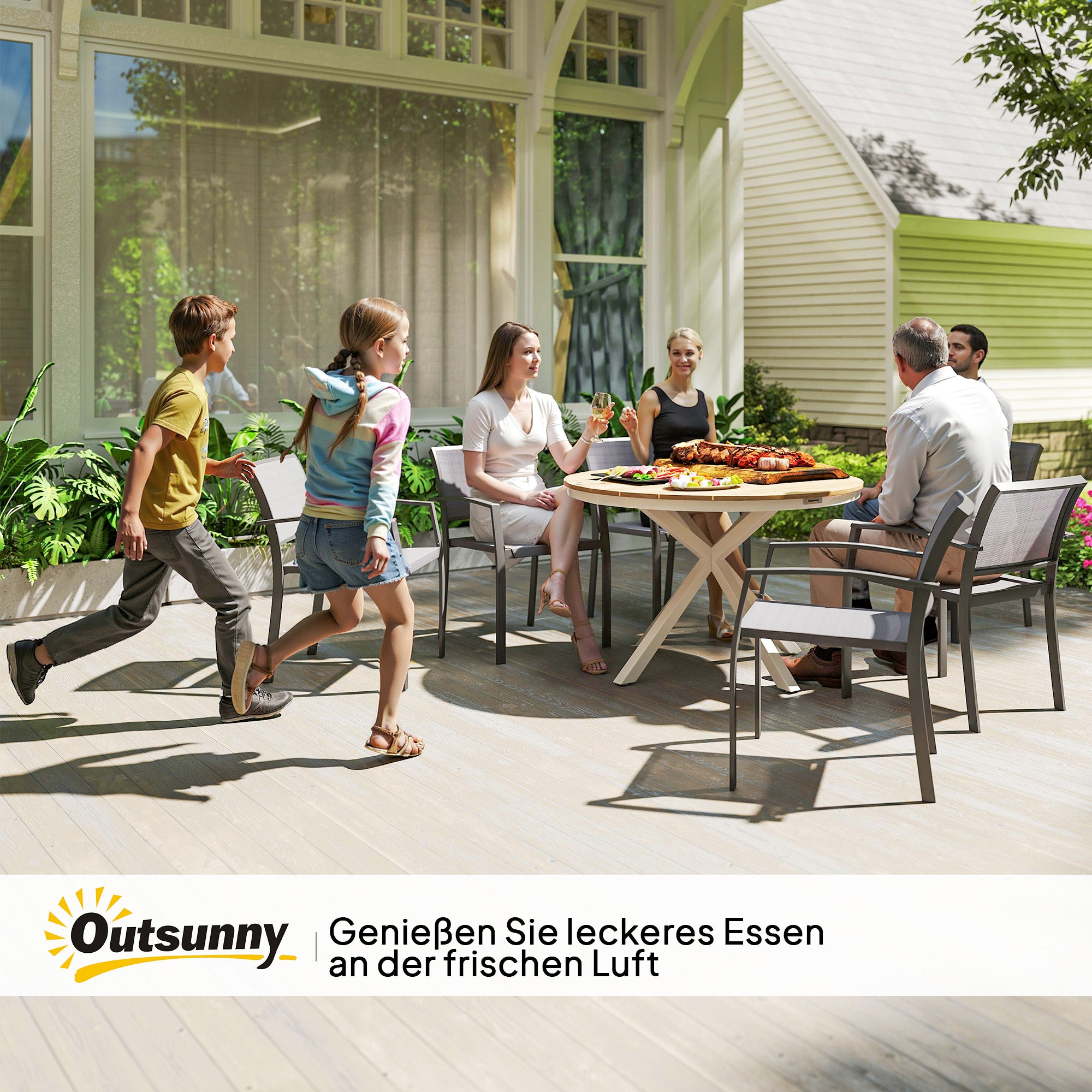 Outsunny Tuintafel Ø118cm, Weerbestendig Balkontafel uit Aluminium, Bijzettafel met Kruispoten Latontwerp Teak