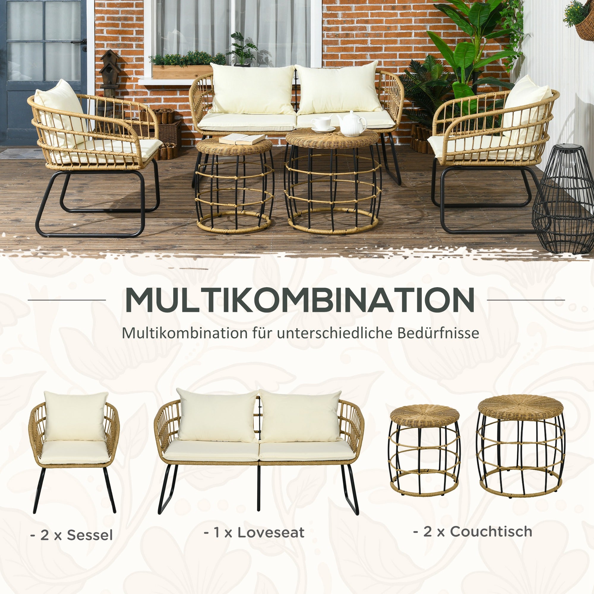 Outsunny Lounge-Set Rattan Zitgroep, Buitenmeubelset in Boho-stijl, 5-delig, 145 x 70 x 78 cm, Crème + Natuur + Zwart