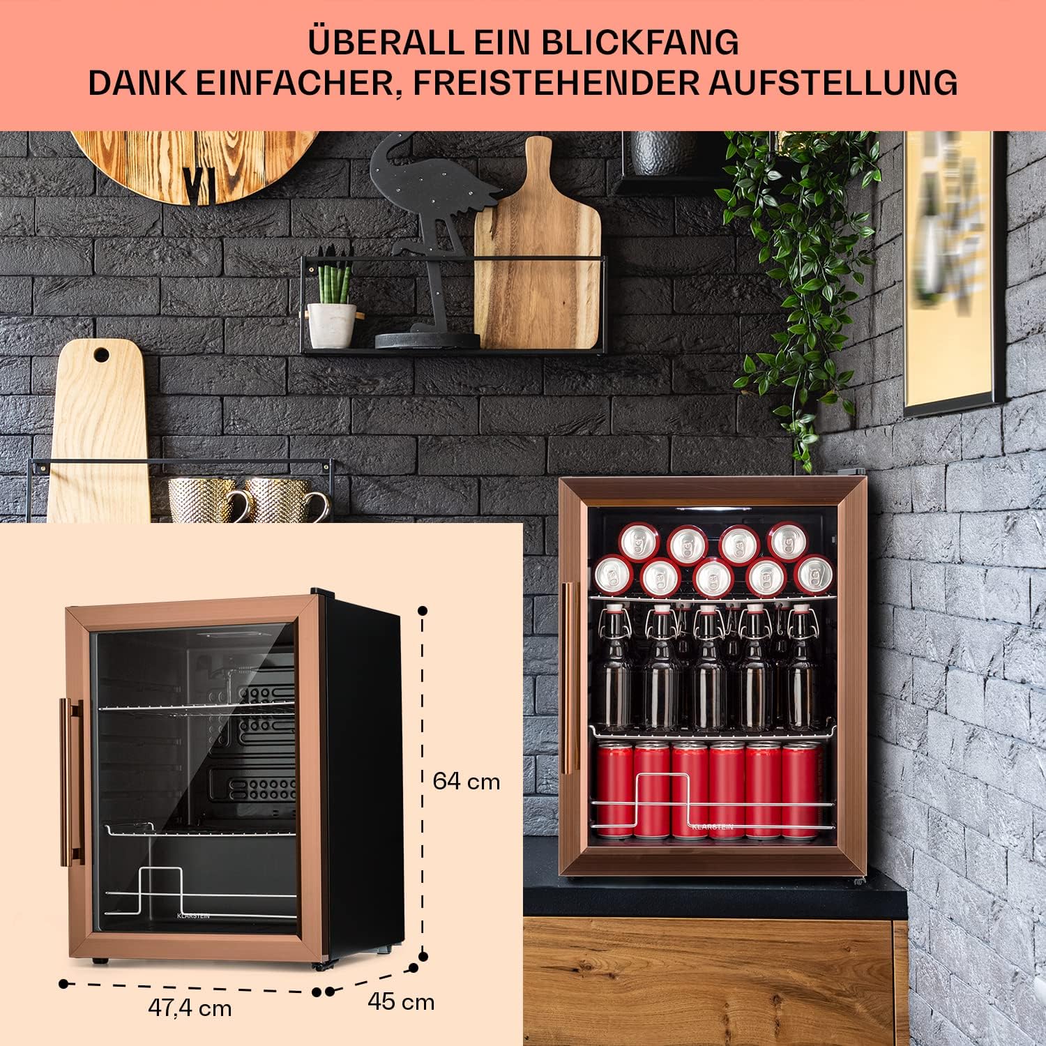 Klarstein Mini Koelkast met Glazen Deur voor Kamer, Drankenkoelkast met Verstelbare Planken, Klein 80 Liter, Indoor/Outdoor Koelkast Stil