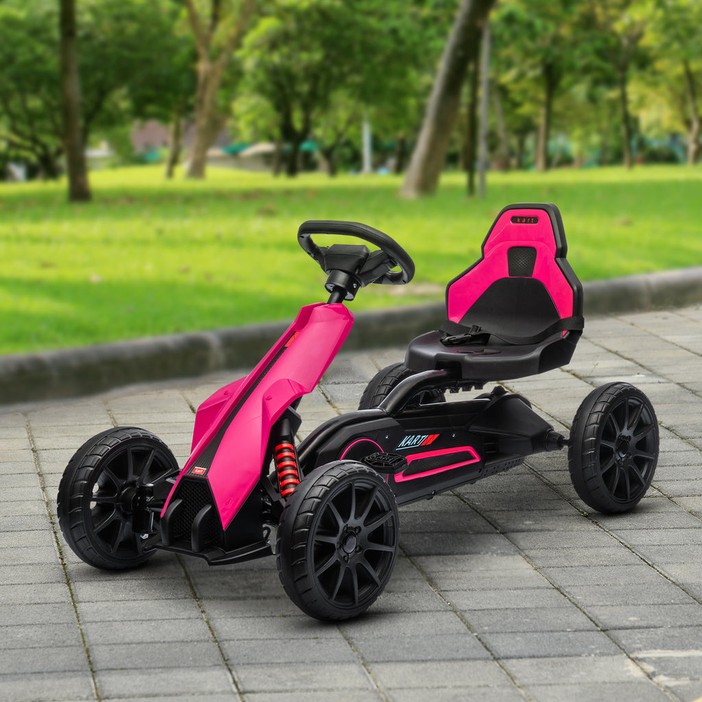 HOMCOM Go-Kart voor Kinderen met Verstelbare Stoel, Trapvoertuig, Trapauto met Handrem, 3-8 Jaar, Outdoor, Roze