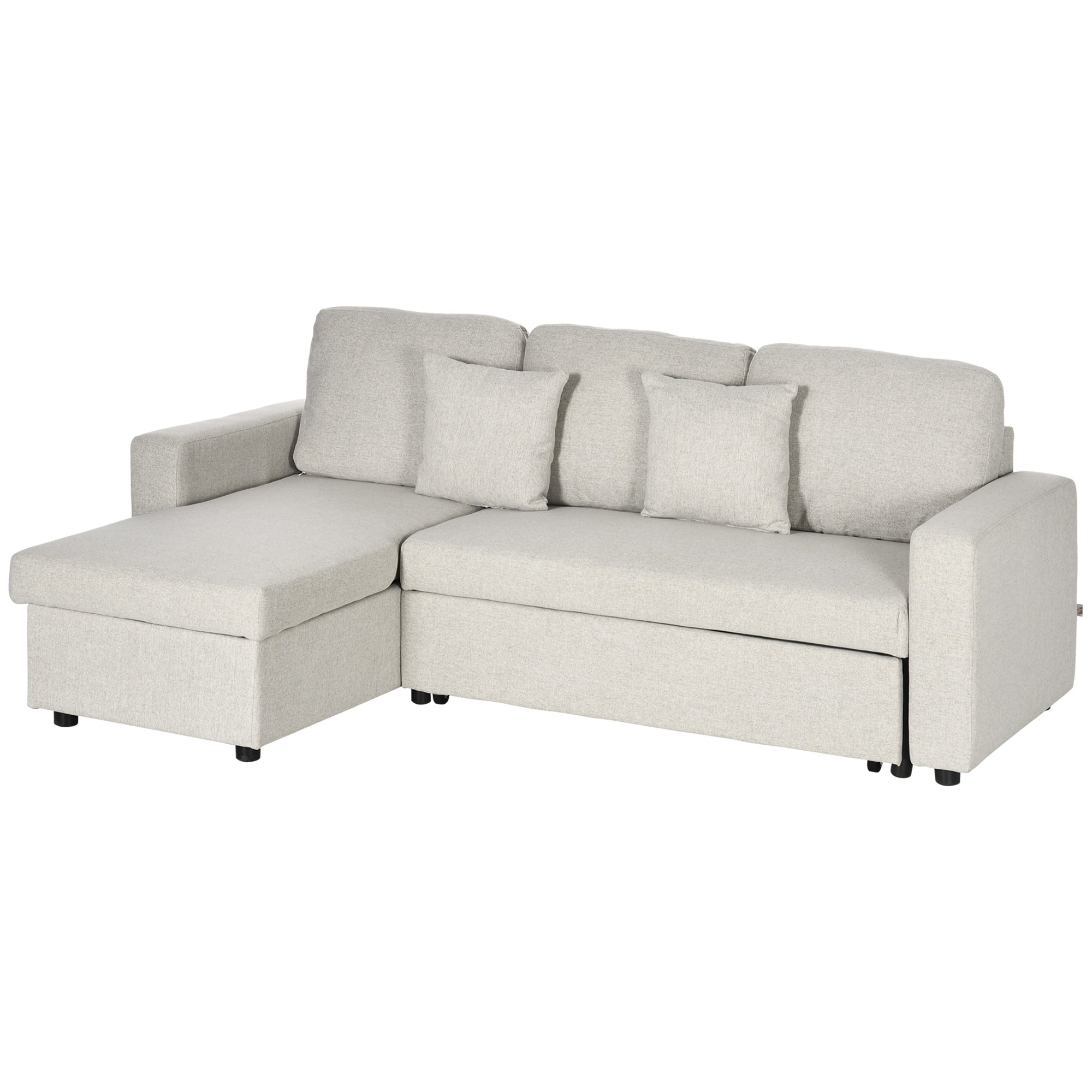 HOMCOM Slaapbank Hoekbank met Bedfunctie, inclusief 2-Zits Sofa, Eenpersoonsbed, L-vorm met Opbergruimte, 2 Kussens Crèmewit