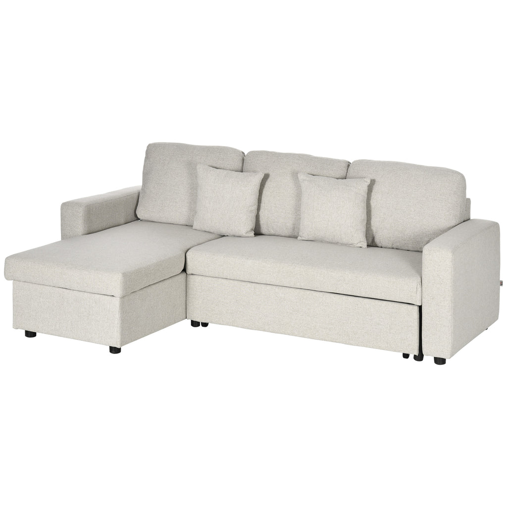 HOMCOM Slaapbank Hoekbank met Bedfunctie, inclusief 2-Zits Sofa, Eenpersoonsbed, L-vorm met Opbergruimte, 2 Kussens Crèmewit