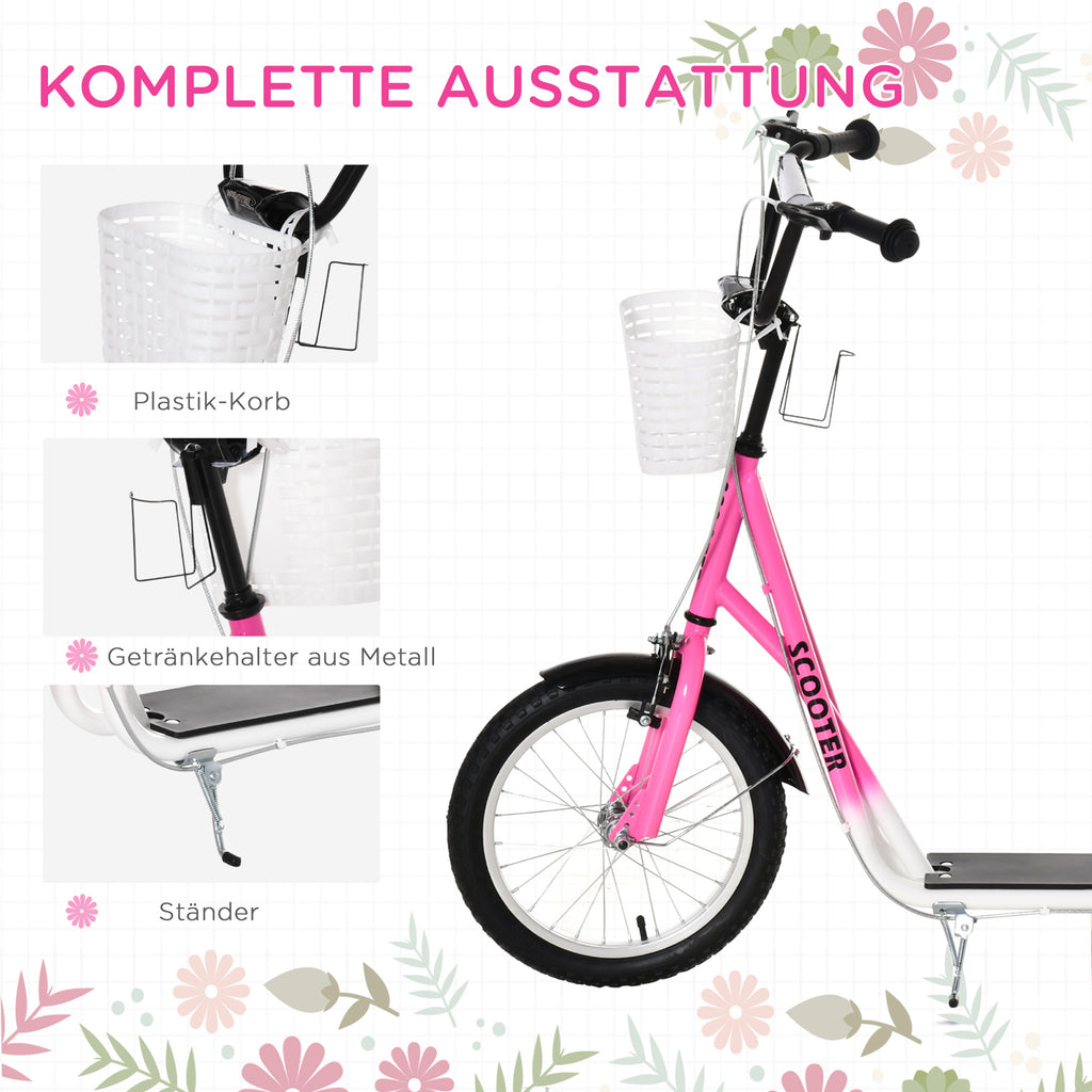 HOMCOM Kinderstep met Rem, Incl. Mand, Hoogteverstelbaar, voor Kinderen van 5 tot 12 Jaar, Wit + Roze