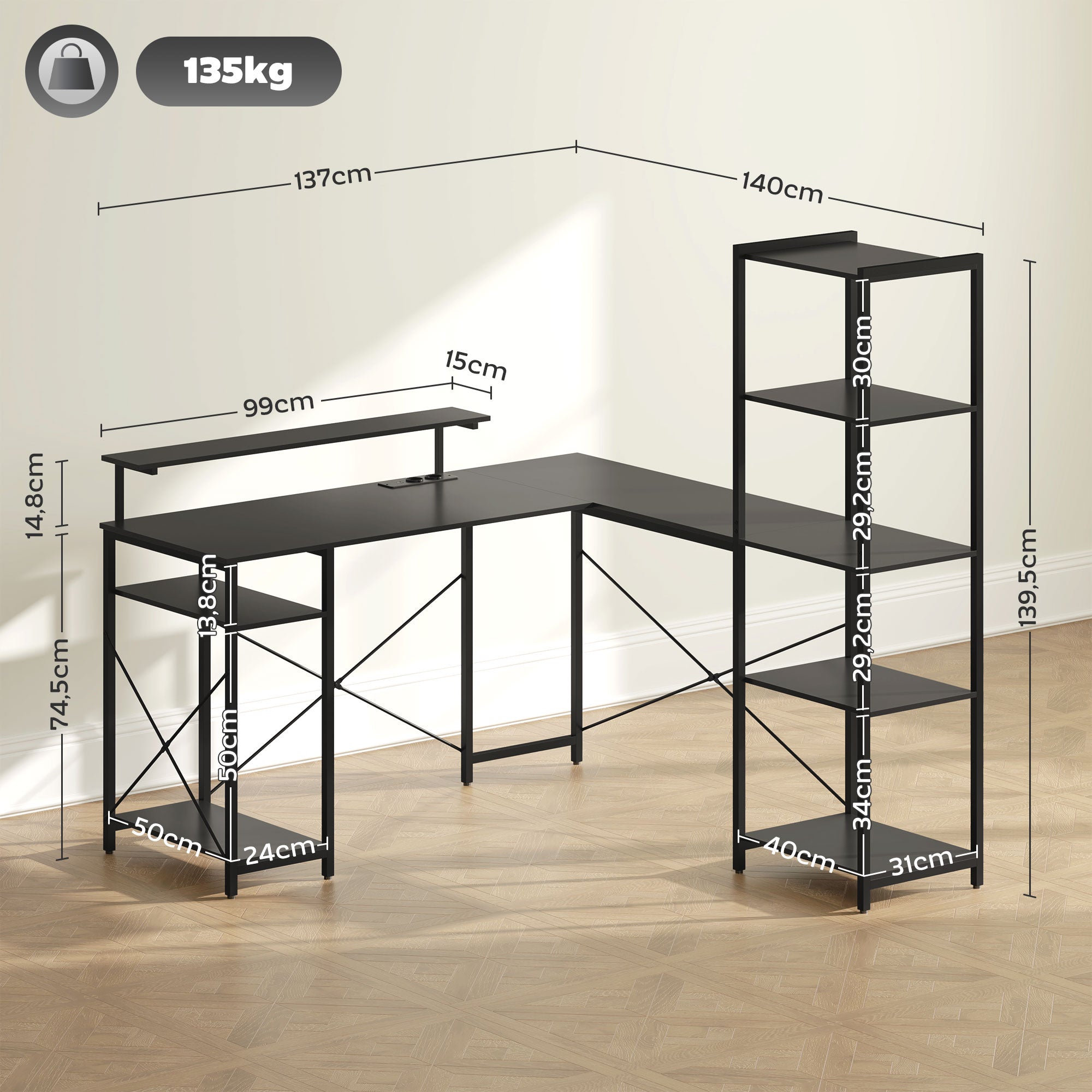 HOMCOM L-vormig Bureau met Oplaadstation, Hoek Computertafel met Monitorstandaard en Planken, voor Thuiswerkplek, Kantoor, Zwart