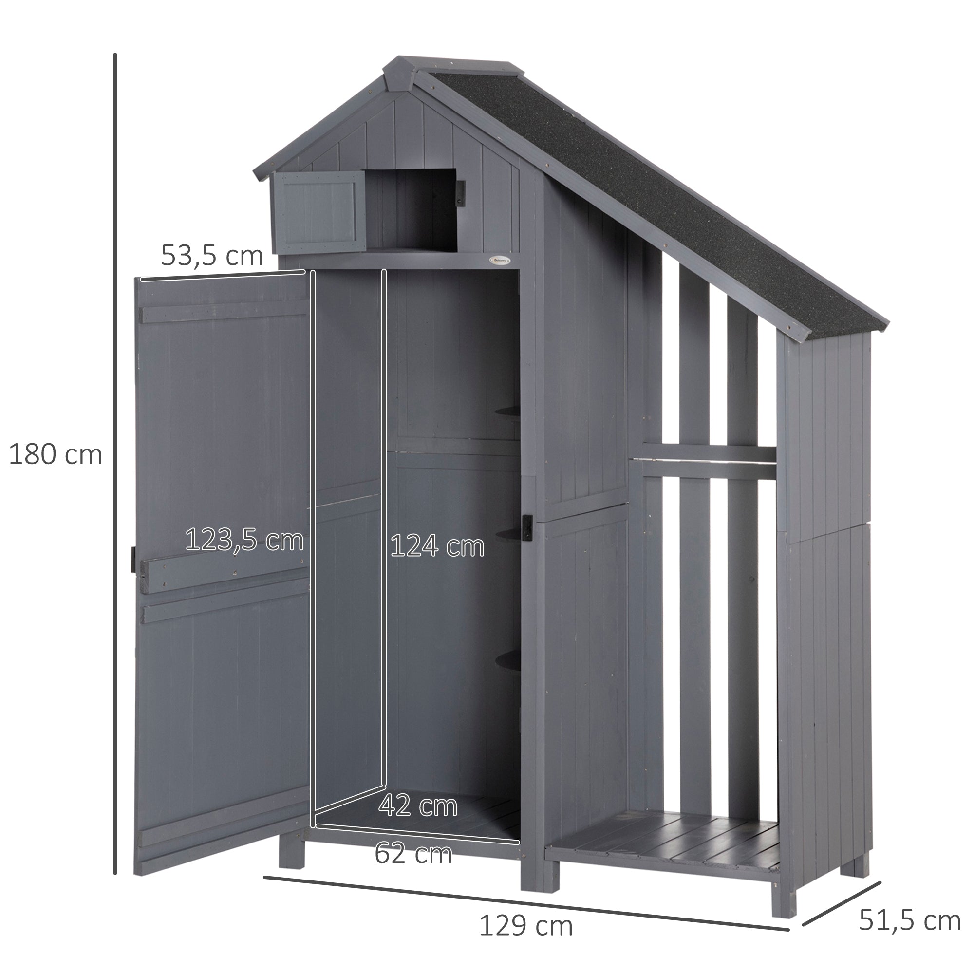 Outsunny tuinhuis gereedschapshuis gereedschapsschuur met opslagruimte voor brandhout gereedschapsschuur met 3 planken, grijs,130 x 54,5 x 180 cm